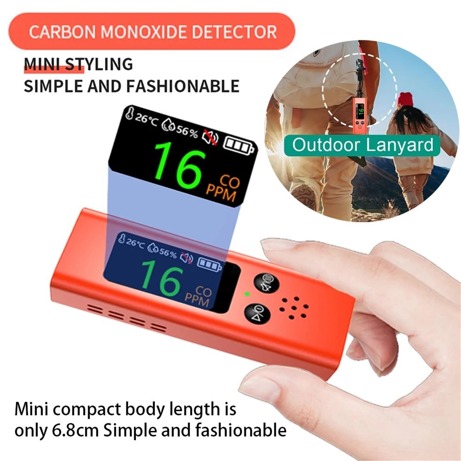 Détecteur de gaz, Détecteur de monoxyde Carbone Portable 3 en 1, Mini détecteur température/humidité Voyage précis et Rechargeable(Zwart)
