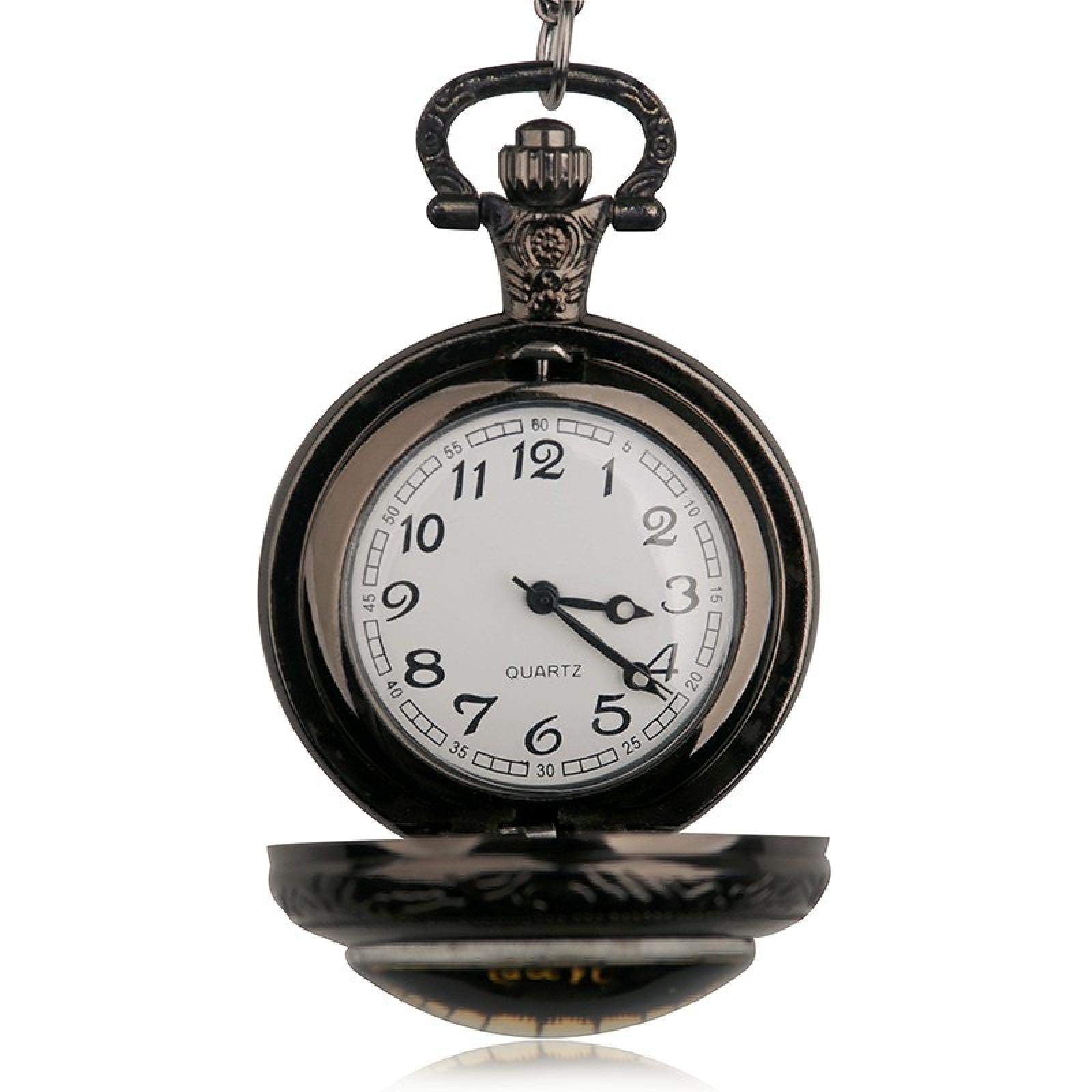 Relojes de Bolsillo, Vintage Steampunk Gato medallón Collar Bolsillo Reloj Colgante Regalo(Black)