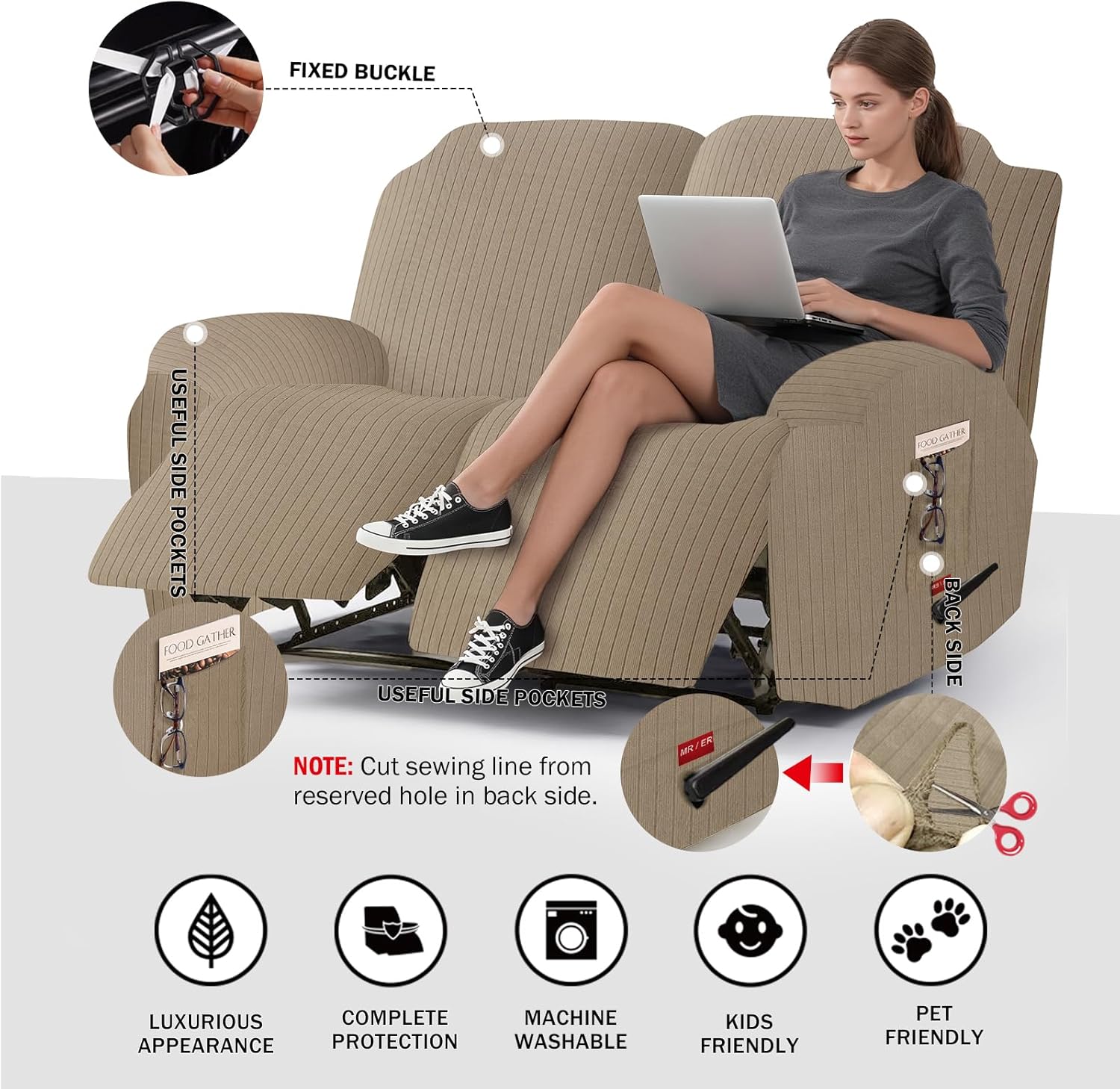 4 Pieces Stretch Recliner Loveseat Covers - Striped Pattern Slipcovers & Durable Furniture Protectors with Elastic Bottom for Kids and Pets (2 Seater, Khaki)