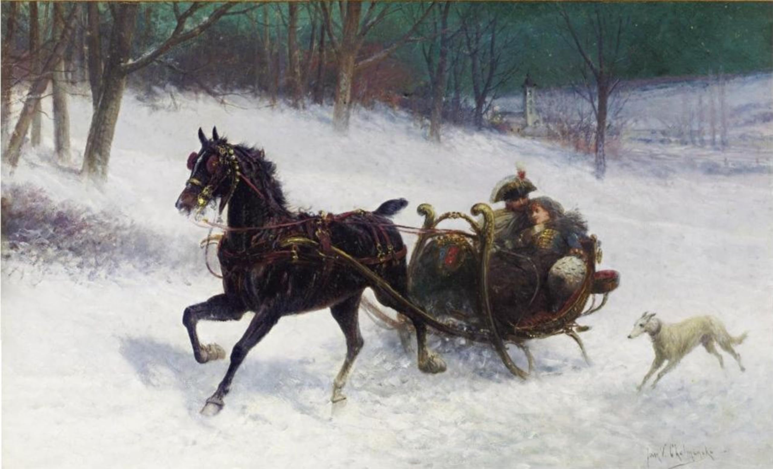 Posteriik No Frame Vintage Classic Picture Landscape Artwork Sledge Ride By Jan Chelminski Portrait Canvas Painting For Office Home Decor 60X90cm