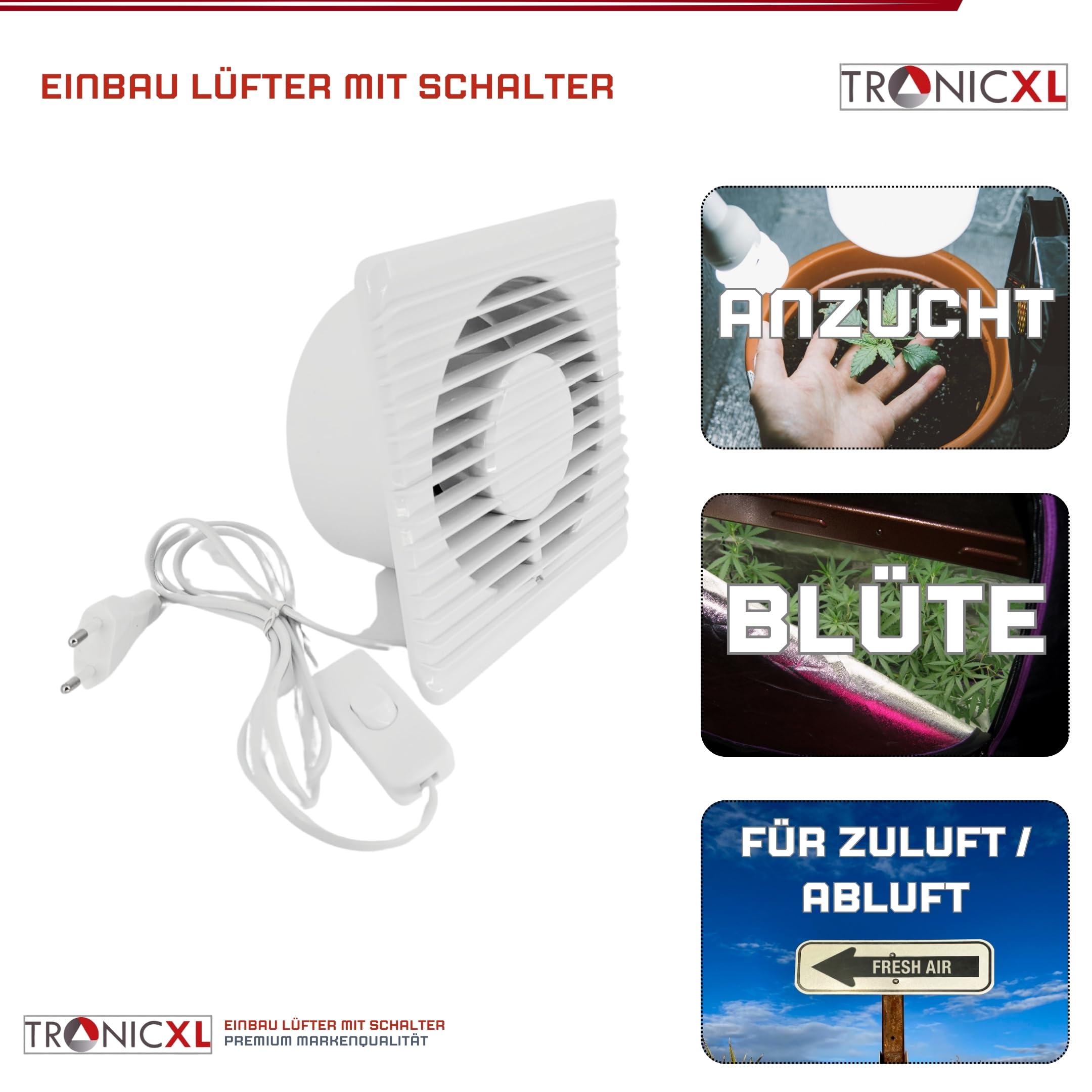 TronicXL 100mm Abluft/Zuluft Grow Lüfter Ventilator mit Netzstecker und Schalter für Homebox Growbox Growschrank Secret Jardin GrowPro DiamondBox Zelsius Mars Hydro etc.