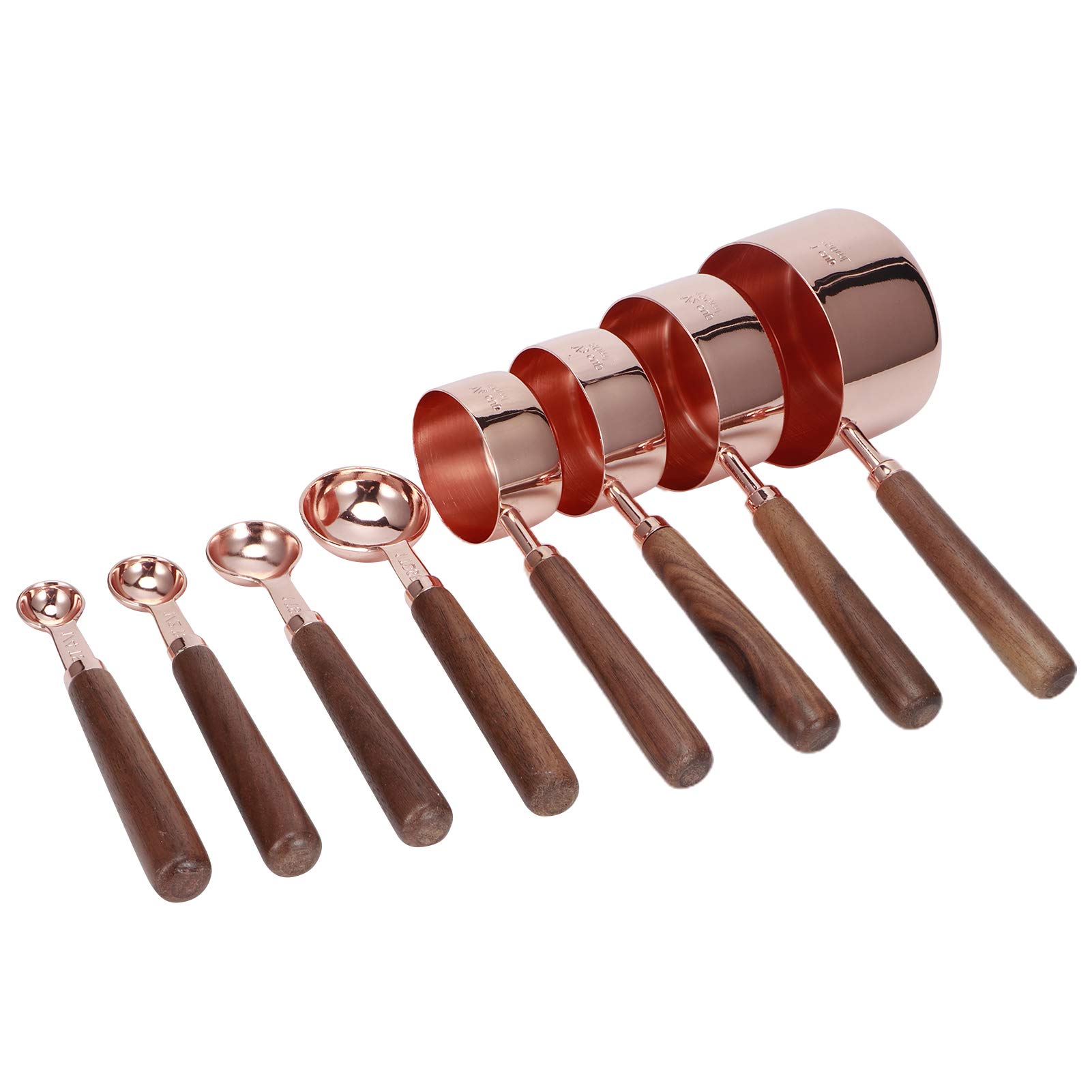 Ensemble de Cuillères à Mesurer en or Rose, 8 Pièces en Acier Inoxydable avec Manche en Bois de Noyer pour la Cuisson en Cuisine