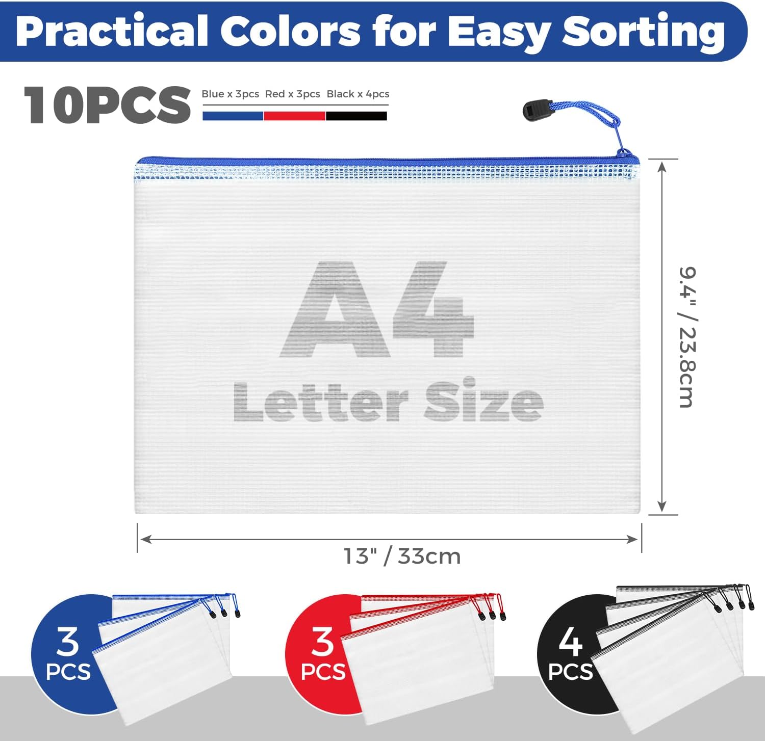 Charmount A4 Mesh Zipper Pouch Bags, Waterproof Plastic Document Organizer Folders, Multipurpose File Bags for Office, School, Toys, Board Games, Puzzles, Travel, and Home Storage Supplies-10 Pack - Image 2