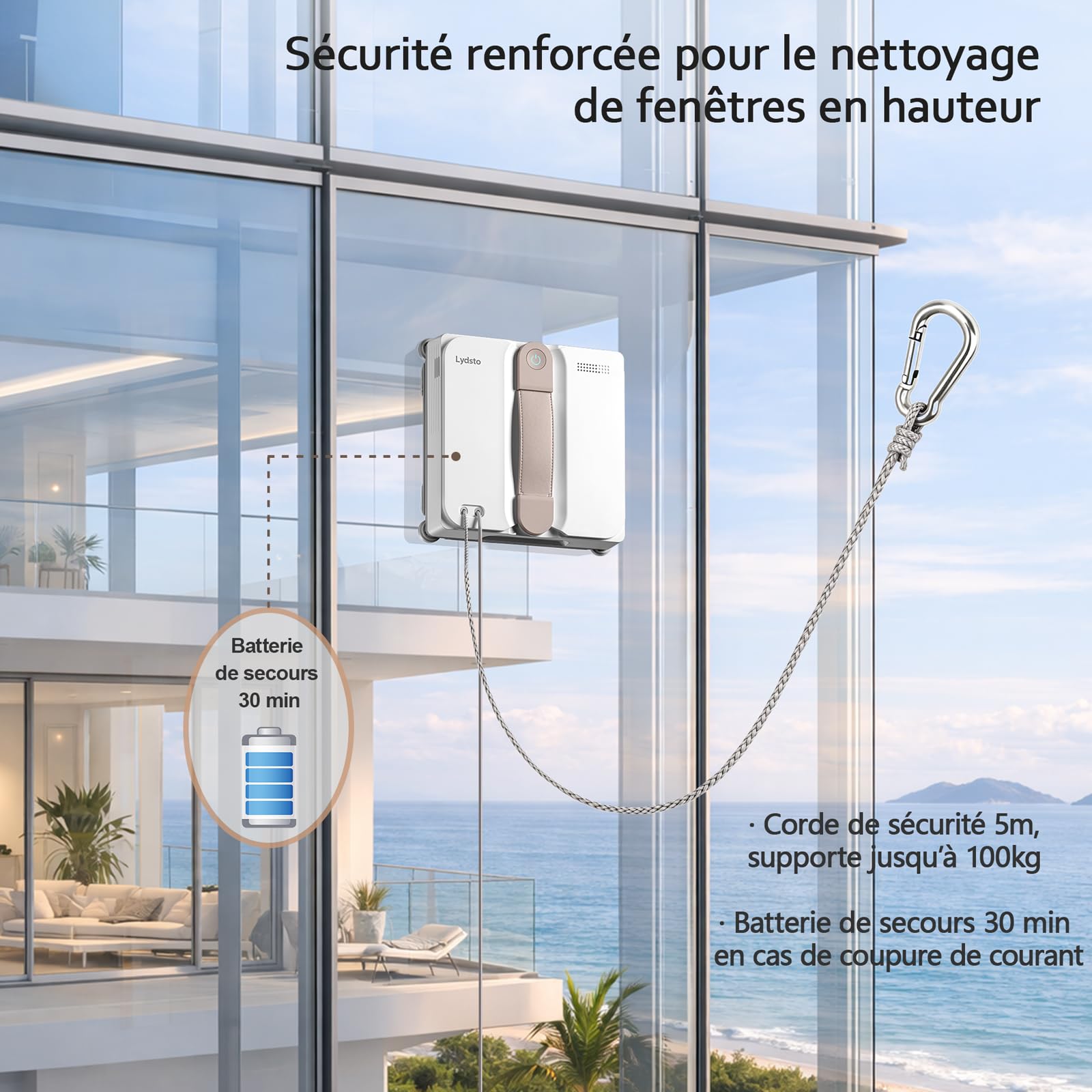 Lydsto WL07 Max Robot Nettoyeur de Vitres, Robot Laveur Vitre avec Buses à 4 Pulvérisation Ultrasonore, 8000Pa, Ultra-Plat 5.5cm, Réservoir de 110 ML, Navigation Intelligente, 2 Chiffons