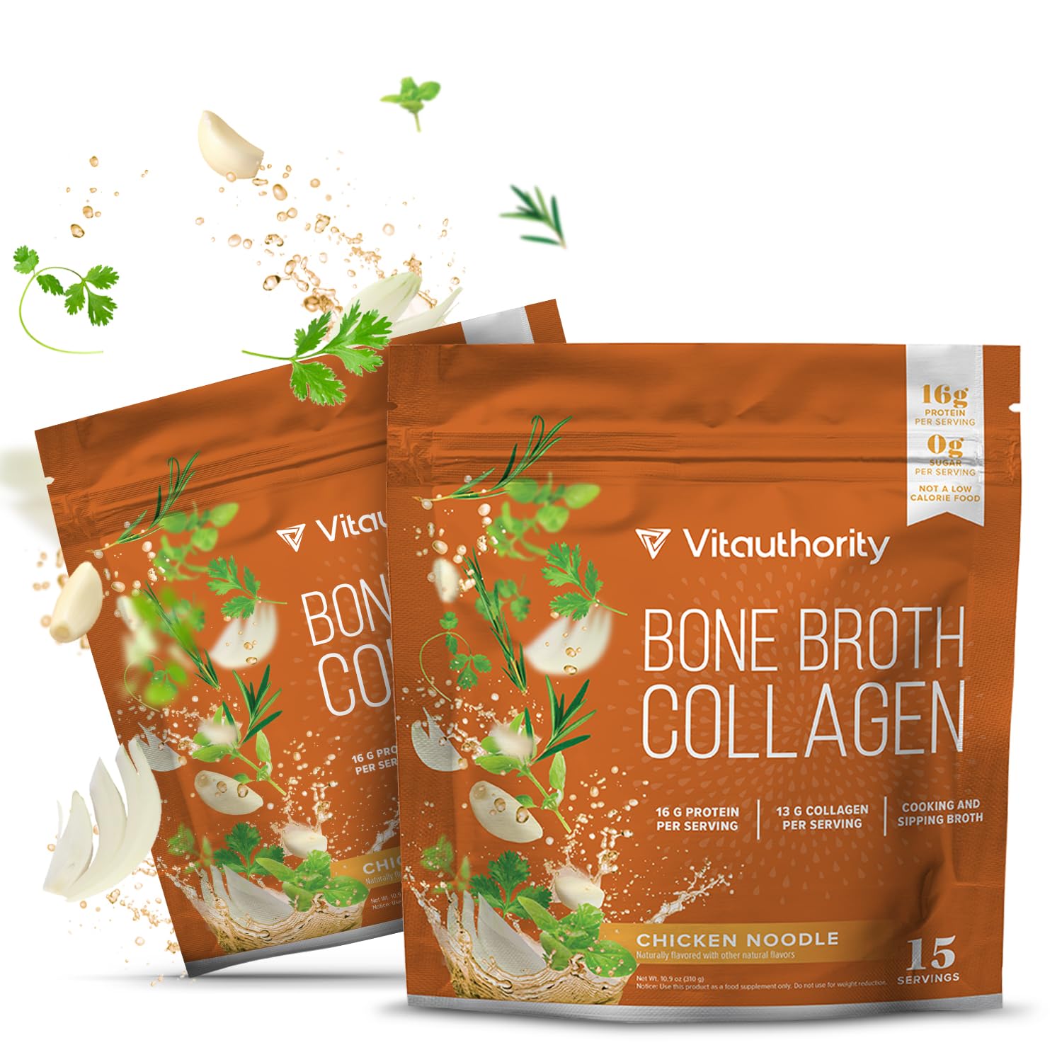 Vitauthority Chicken Noodle Flavor Bone Broth Collagen - Packed with 16g of Protein & 13g Collagen (Types I, II, III) - Nourishes Hair, Nails, Skin, Joints, & Gut - Bone Broth Collagen Powder (2 Pack)