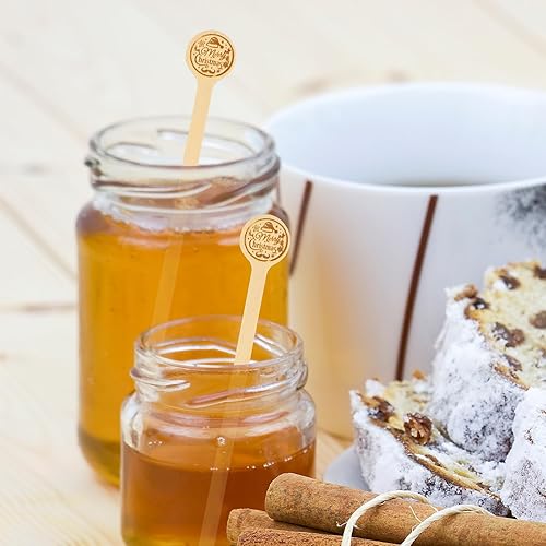 Miniatura 6 de 200 unidades de agitadores de café de madera de 7 pulgadas con mango redondo de Feliz Navidad, agitadores de café biodegradables desechables de