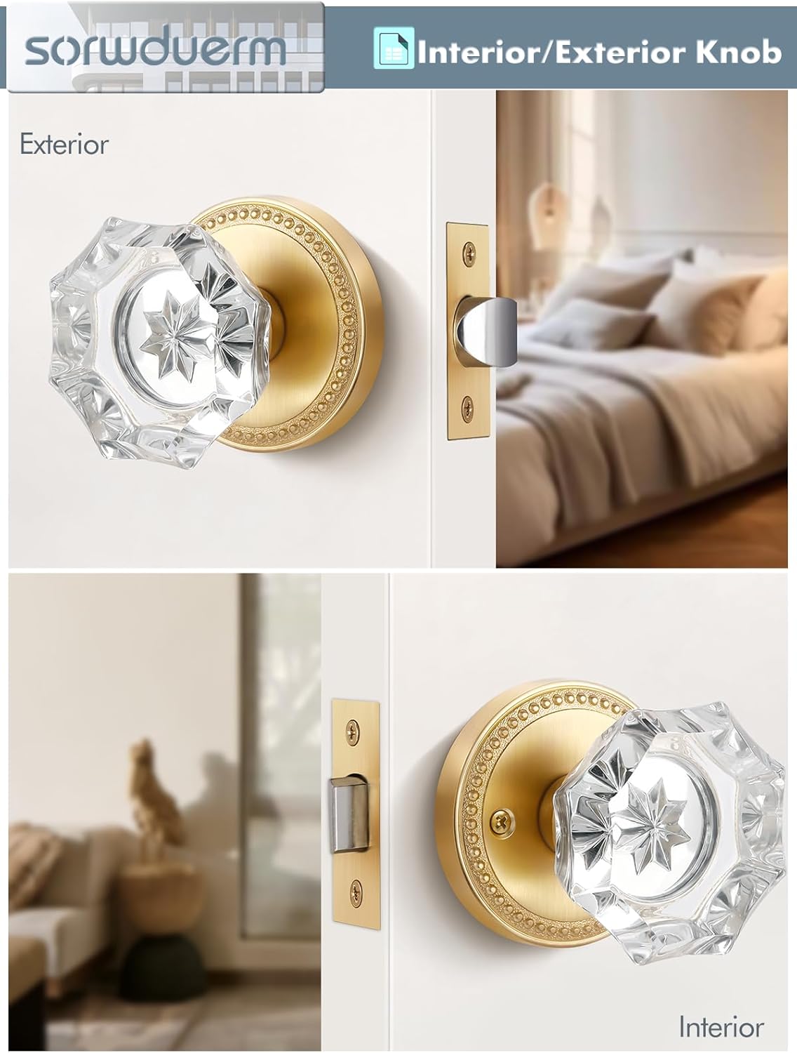 Gold Door Knobs Crystal Door Knob Brushed Gold Passage Door Knobs Glass Satin Brass Interior Door Knob for Hall and Closet 1 Pack