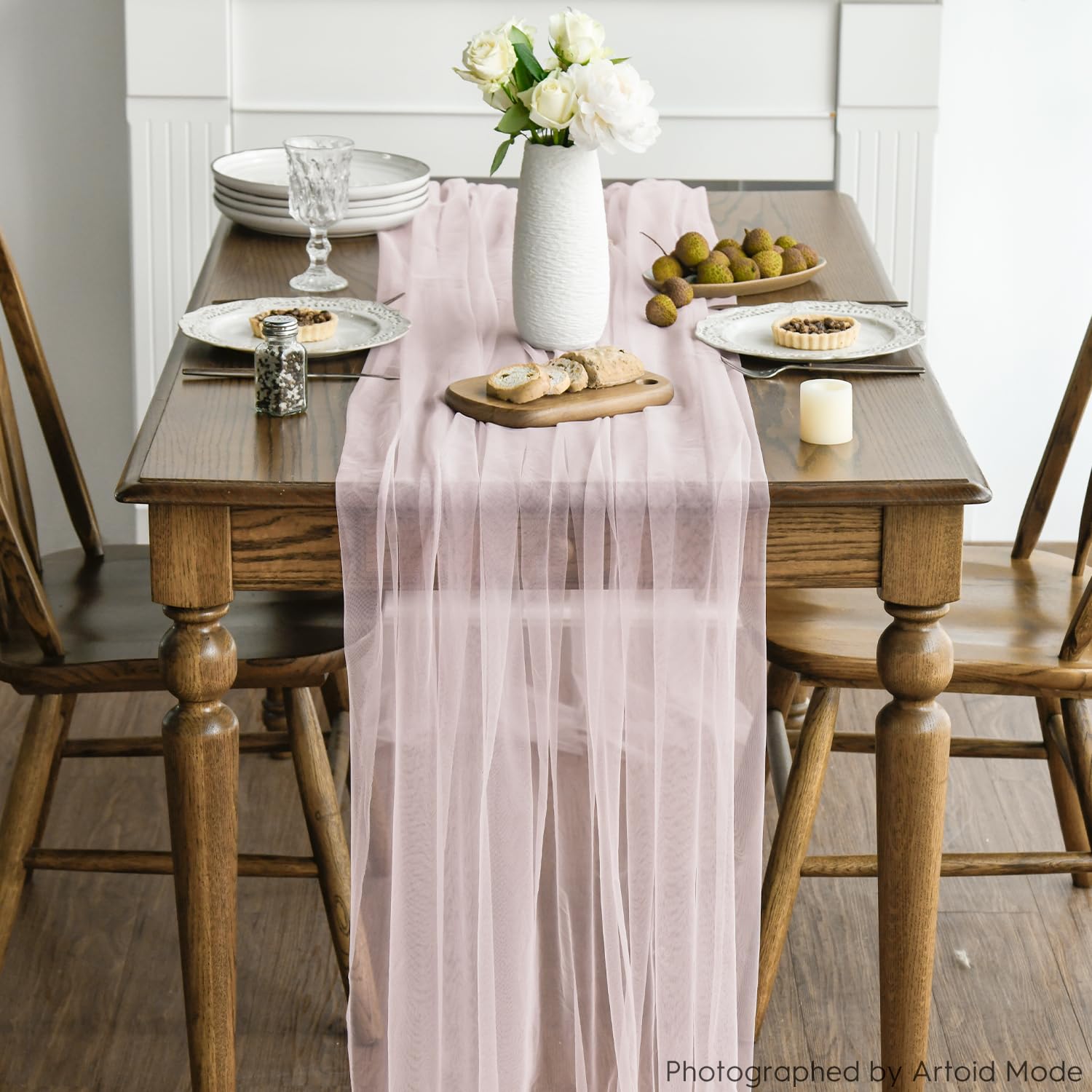 Artoid Mode Runner da tavola in garza rosa cipria, 150 x 300 cm, stile bohémien, per cucina, sala da pranzo, matrimoni, vacanze, compleanni, decorazione per la casa e le feste