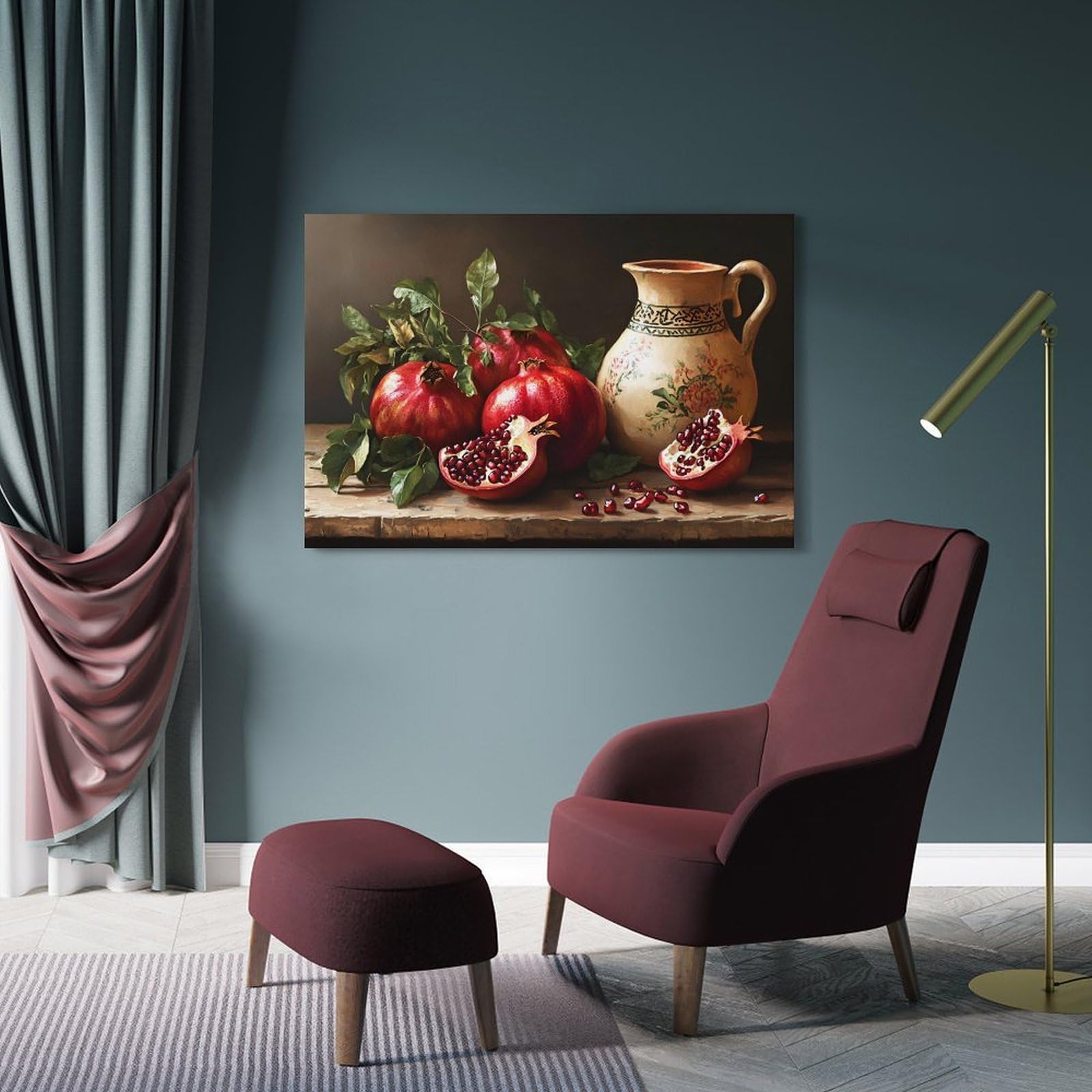 Stilleben Granatapfel-Druck, Wandkunst, hängende Gemälde, rustikales Bauernhaus, ästhetisches Leinwandposter, Dárk Acádemia, Wanddekoration für Küche und Esszimmer, 50 x 75 cm