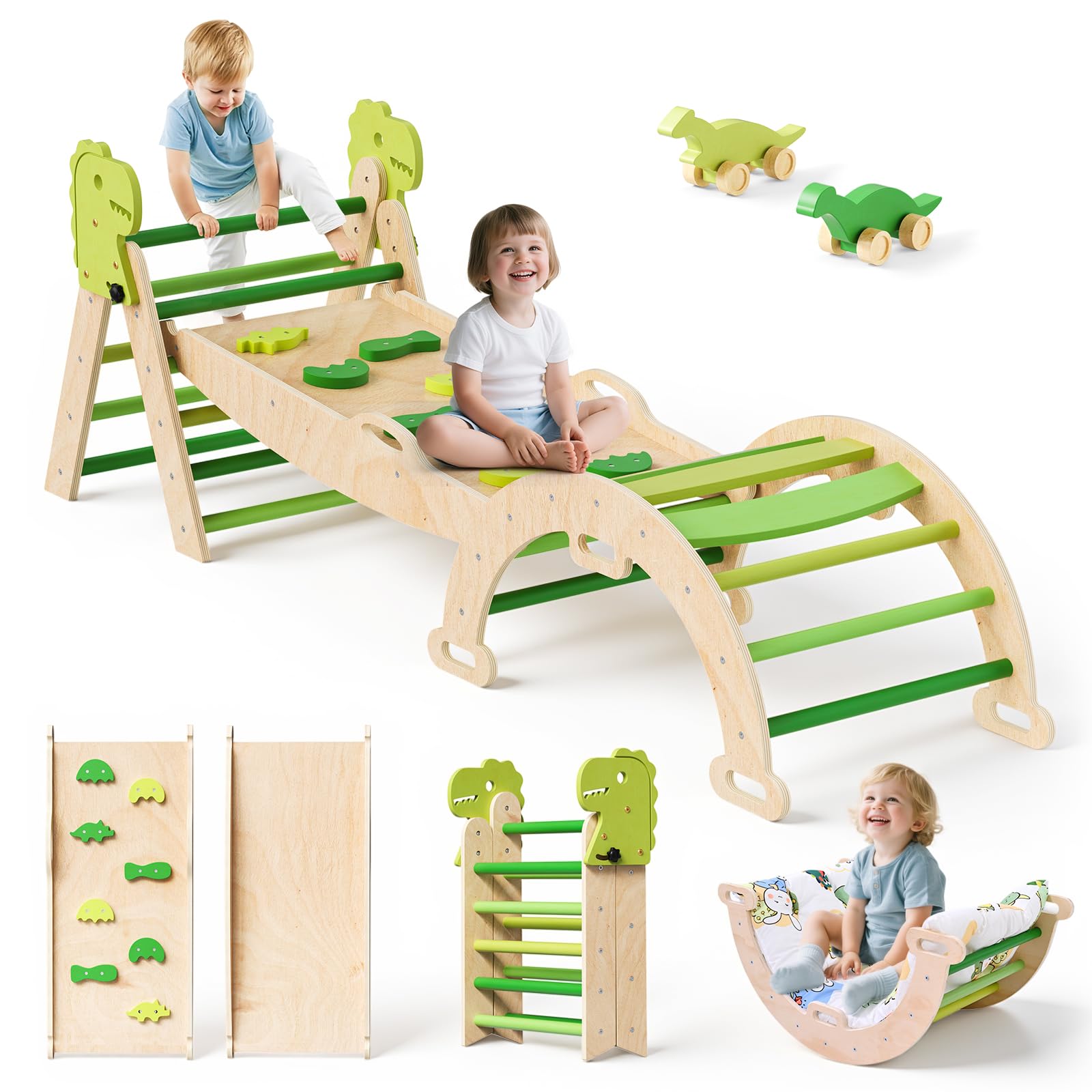 nmoiww Struttura da Arrampicata per Bambini 9 in 1, Scala da Arrampicata in Legno per Bambini con Cuscino Accogliente, Palestra da Gioco Montessori per Interni (Dinosauro verde-9 in 1)