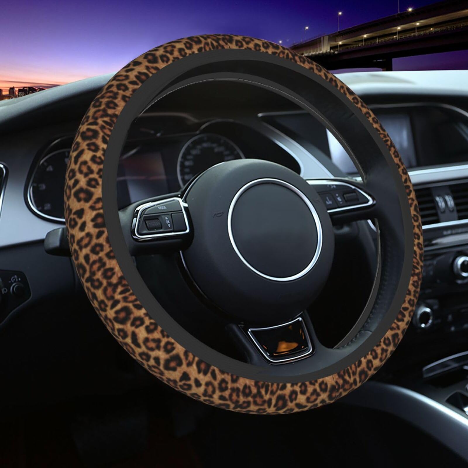Universal Fit Steering Wheel Cover 15 Inch Non-Slip, Washable Wheel Protector for Cars, Trucks, SUVs, Leopard Print Design