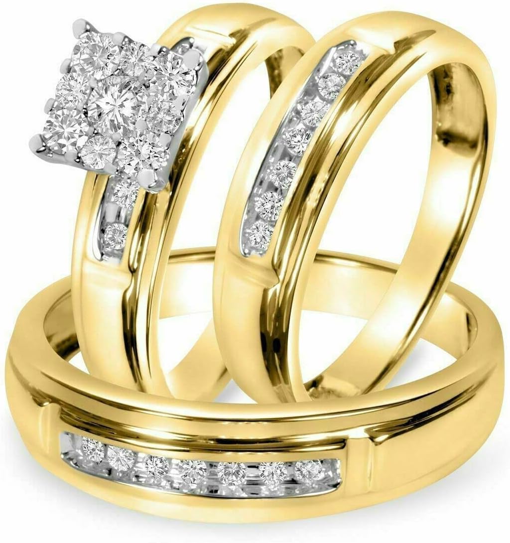 VEDA JEWELS Trio 14k Gold Over 3-Piece Wedding His Engagement Her Band Rings Sets - CZ for Couple Mens and Women