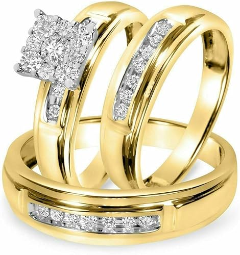Triostar - Juego de tres anillos chapados en oro amarillo de 14 quilates, anillo de compromiso y alianzas de boda a juego para él y para ella,