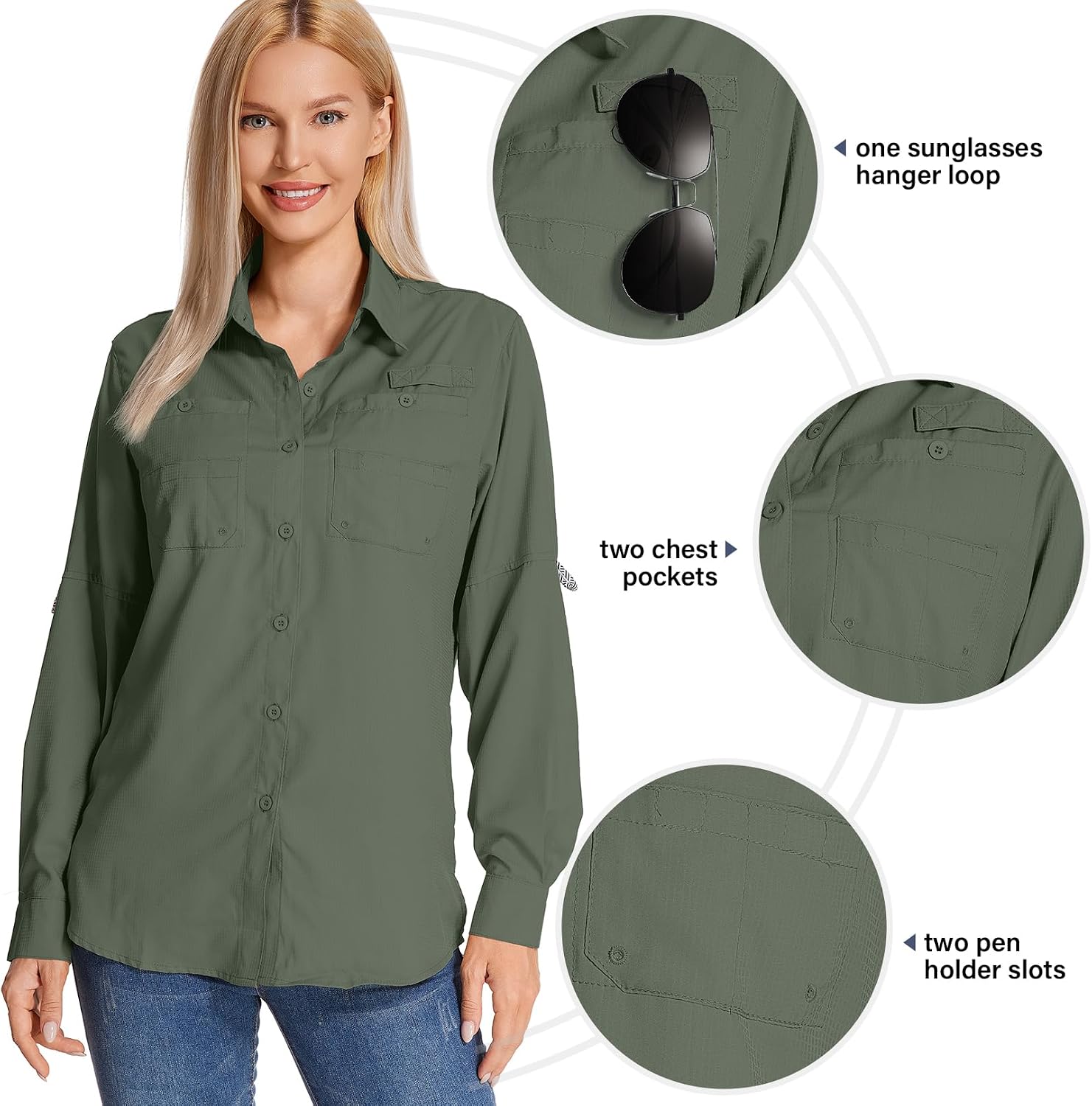 Womens Long Sleeve Sun Protection Hiking Fishing Shirts UPF 50+ UV Lightweight Quick-Dry Safari Shirts Womens Outdoor