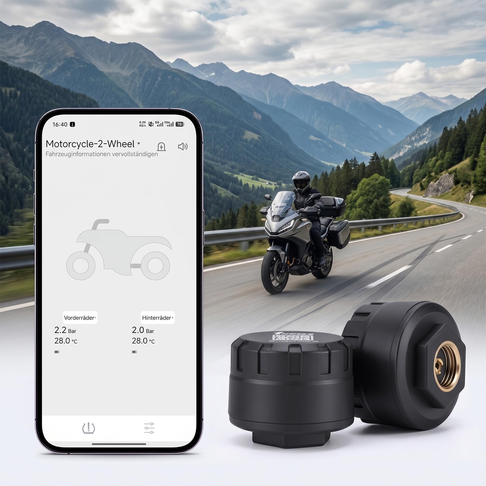de Monitoreo de Presión de Neumáticos Sensores de Presión de Neumáticos Inalámbricos TPMS para Motocicletas y Automóviles con Aplicación Función de Alarma de Temperatura de (2PCS)