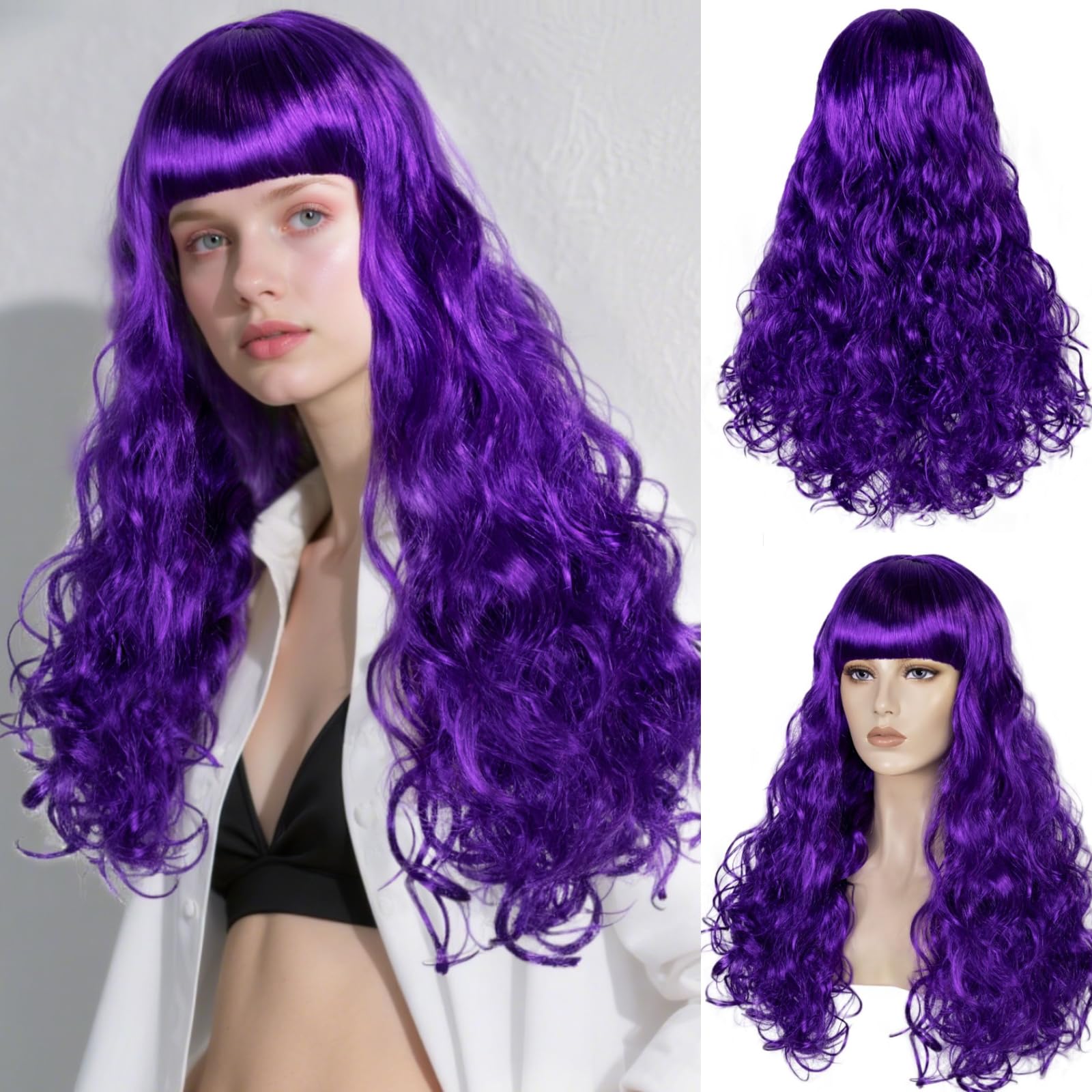BEKIDER (+Hair Cap) Long Wavy Dark Purple Wig with Bangs Womens Purple Curly Wig Cosplay Synthetic Wigs for Halloween Cosplay Fancy Dress Wigs Daily Party Outfit