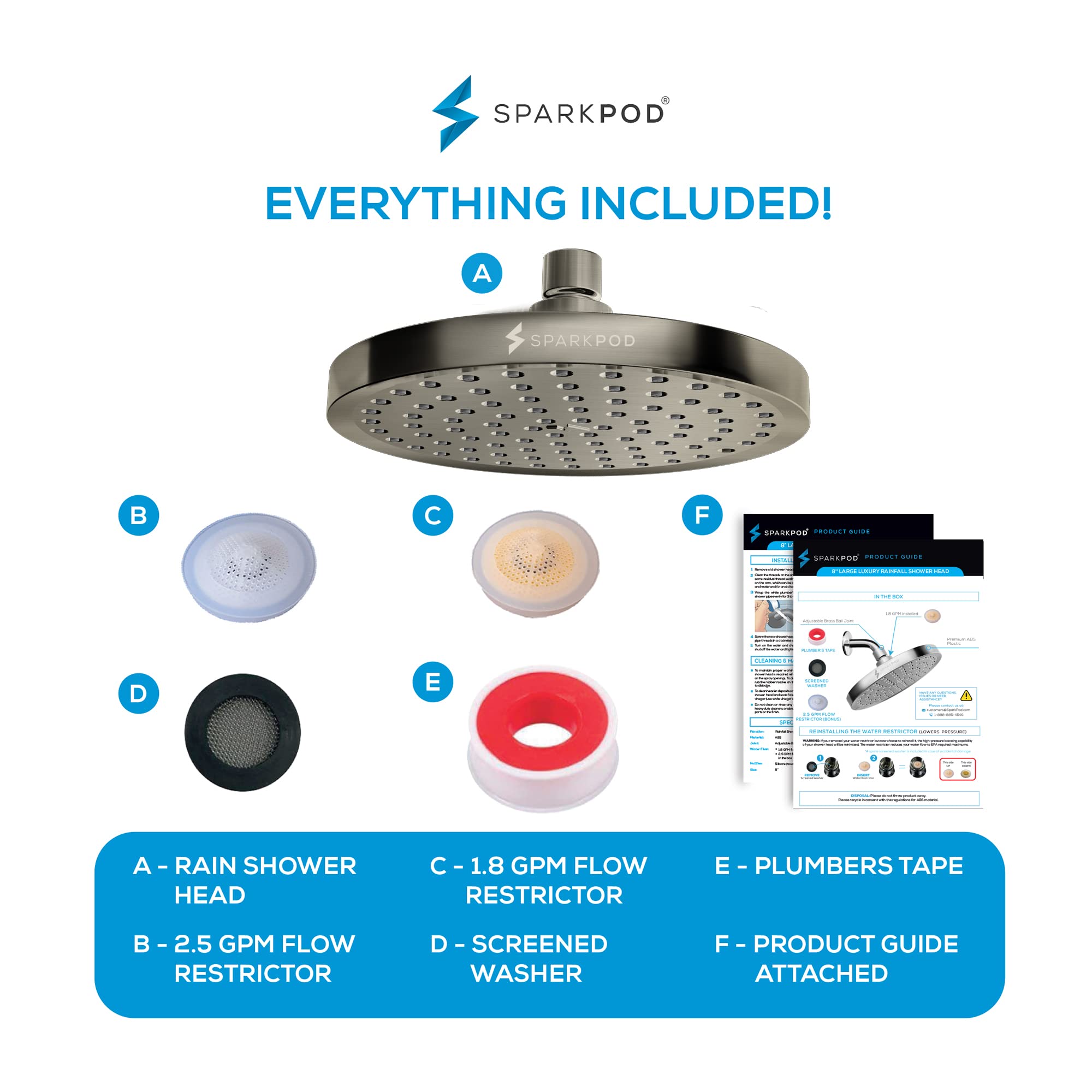 SparkPod Shower Head - High Pressure Rain - Premium Quality Luxury Design - 1-Min Install -Easy Clean Adjustable Replacement for Your Bathroom Shower Heads (Elegant Brushed Nickel, 8 Inch Round)