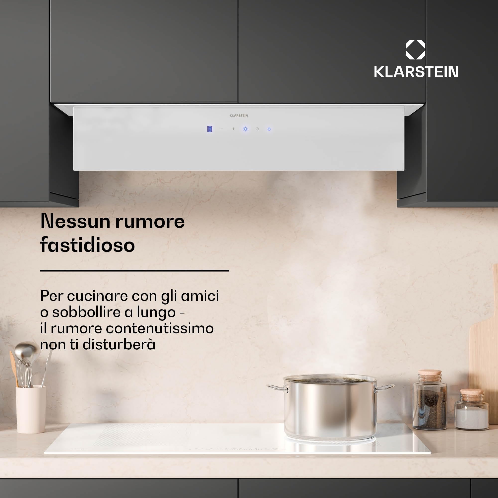 Klarstein Ventimate Cappa Incasso, 85cm Cappa Aspirante Cucina con Controllo Touch, 390 m³/h, Efficienza Energetica A+, Motore Silenzioso, LED, Filtro Carbonio per Ricircolo, Bianco