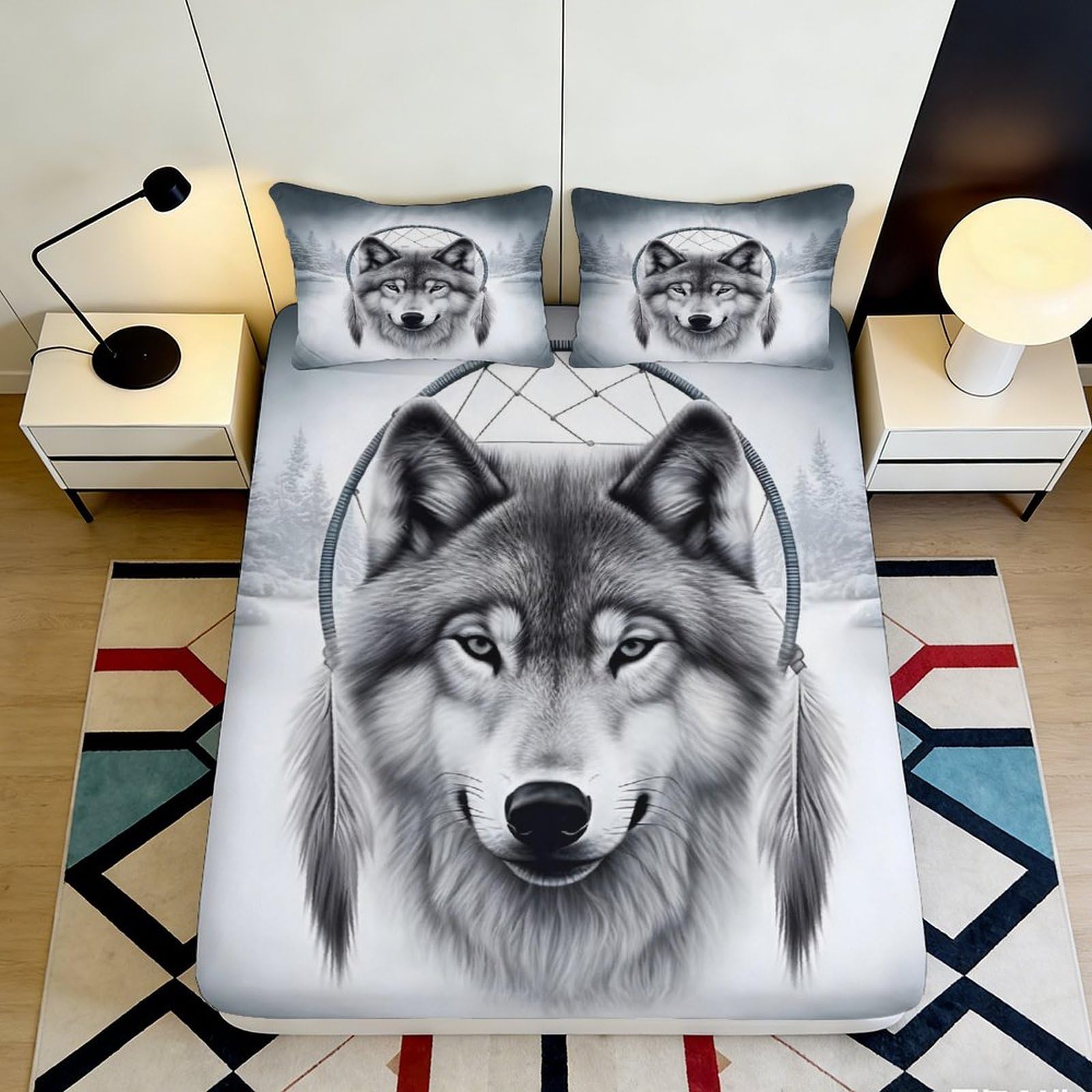 3D Printed Wolf Dreamcatcher Fitted Sheet Microfiber Grey Forest Bed Cover Non Slip Bedroom Decor Machine Washable 90x200x25cm