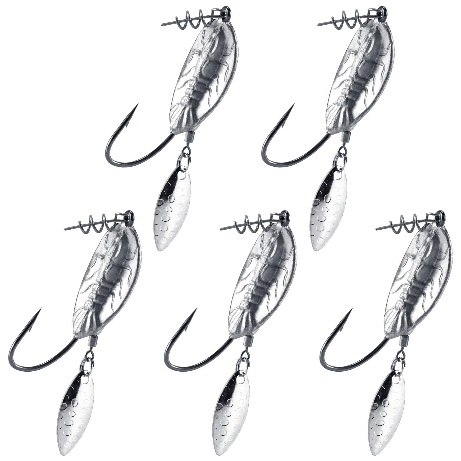 Alwonder5-Pack Weighted Swimbait Hooks with Underspin, Pin Spring Fishing Hook with Willow Spinner Blades Silver Gold, 1/7-3/8oz Bass Hooks Swivels Spinnerbait Weedless hook for Soft Fishing Lures