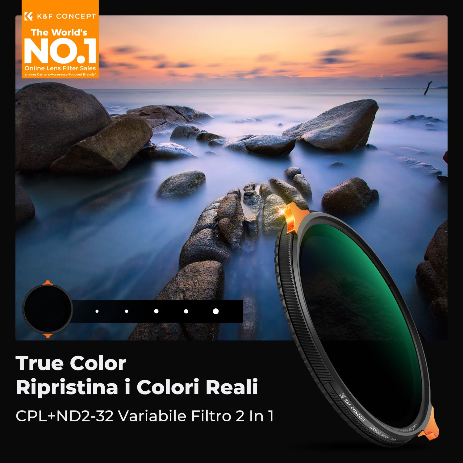 K&F CONCEPT Nano-Xcel 72mm True Colour Filtro Variabile ND2-32 (1-5 Stop) & Polarizzatore Circolare, 2 In 1 Filtro Multifunzione CPL & VND 2-32 in Vetro Ottico 28 Strati Nano Rivestimento