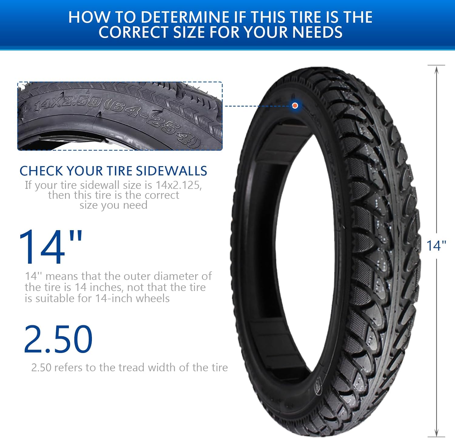 14x2.50 Tubeless Tire Super Anti-Stab 14x2.5 66 254 Ebike Tire Heavy Duty Design | 14 Inch Tire for Electric Scooter Tires | 14 x 2.50 Thickened Tires with Air Valve