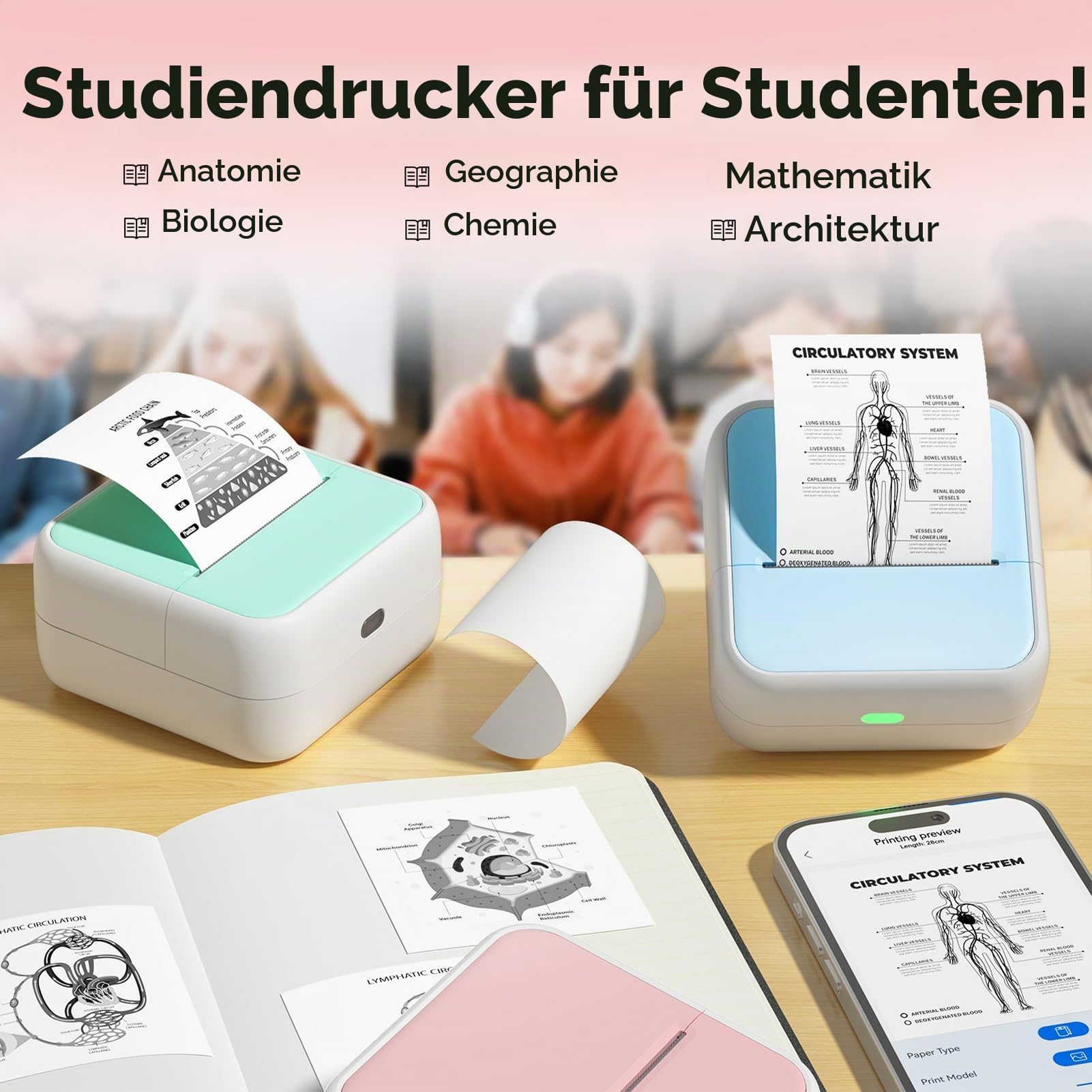 Bisofice S1 Mini Drucker für Smartphone mit 11 Rollen Druckerpapier, Sticker Drucker Aufkleber, Mini Thermodrucker Bluetooth Fotodrucker für Studiennotize, DIY,Journal,Etiketten, Blau