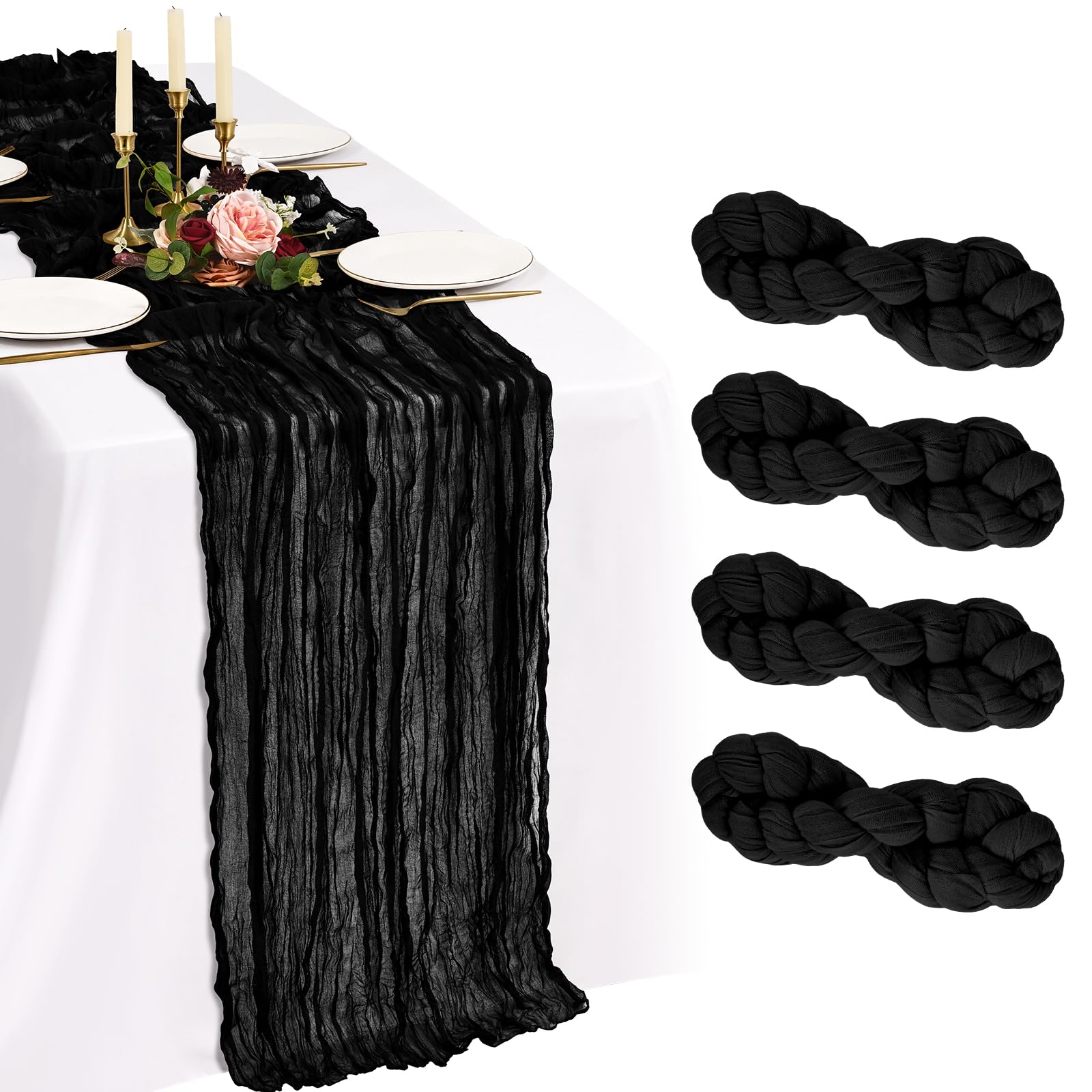 Showgeous 4 Pack Black Cheesecloth Table Runner 10FT Boho Gauze Cheese Cloth Table Runners 35 x 120 inch Romantic Rustic Sheer Table Decorations for Wedding Party Baby Shower Birthday Holiday Home