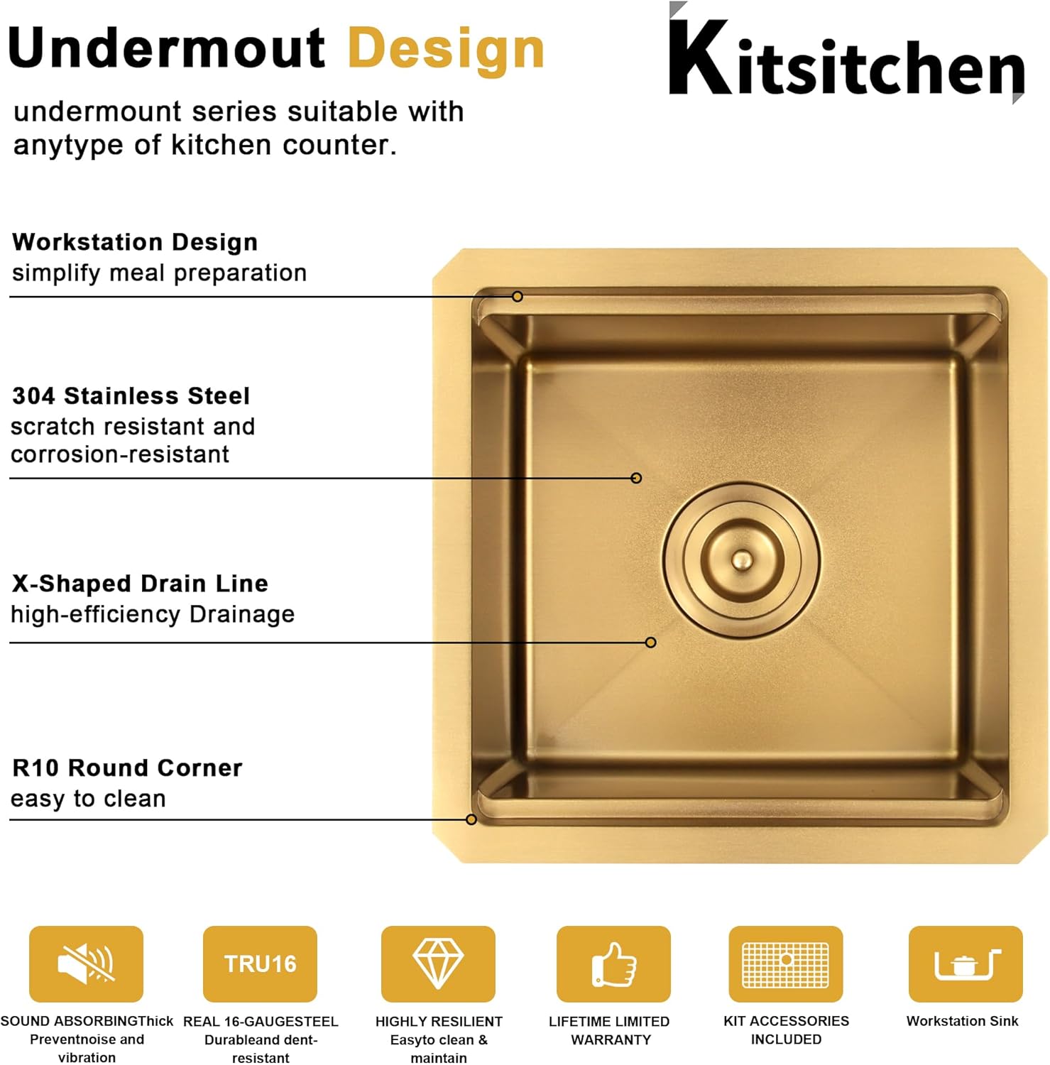 Kitsitchen Gold Bar Sink Undermount, 16 Guage Stainless Steel Workstation Sinks with Accessories, 15 Inch Small Kitchen Sink for RV, Outdoor, Wetbar, Pre-Bar