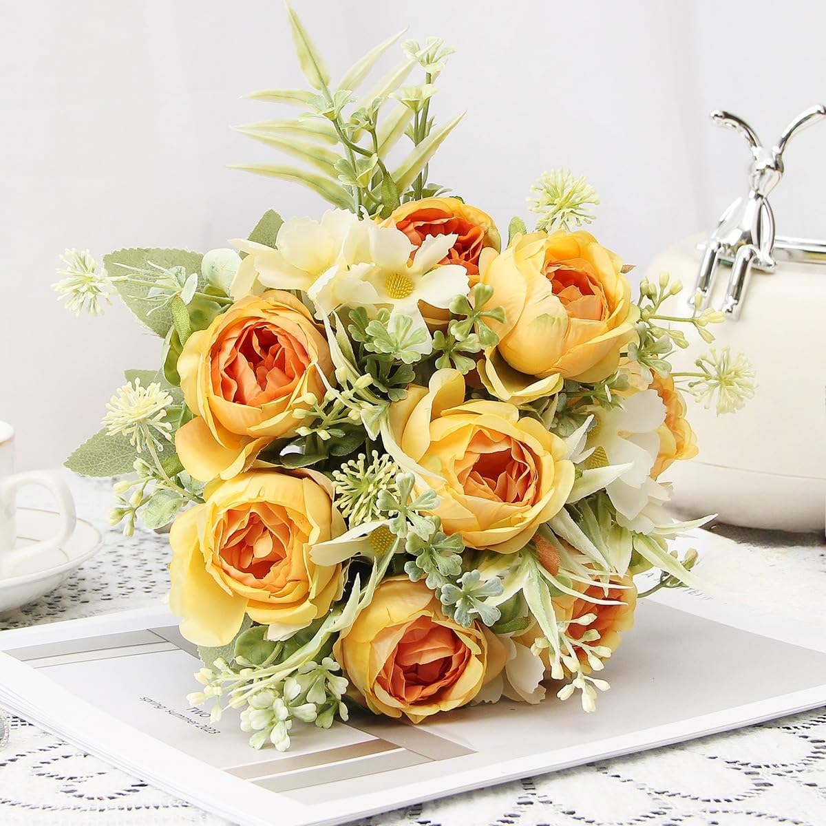 1Pack Peonies Artificial Flowers, Artificial Silk Flowers for Home Decor Indoor Fake Bouquet Faux Floral Arrangements Dining Table Centerpieces for Kitchen Party Decor (Yellow)