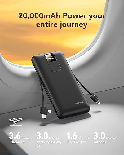 Miniatura 9 de charmast Cargador portátil de 20000 mAh con enchufe de pared, cargador de batería USB C, batería PD de 20 W con cables incorporados, esencial de