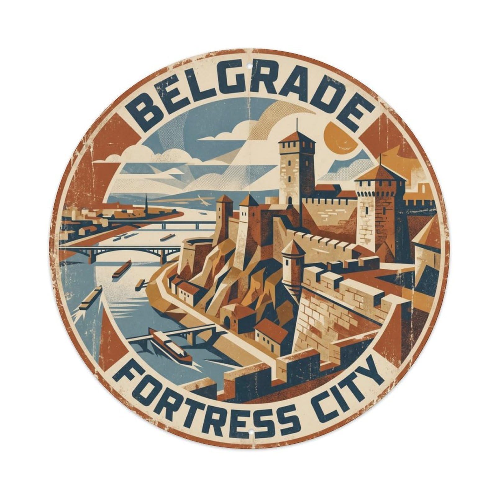 Vintage Travel Fortress Belgrade Serbia Metal Tin Sign Plaque Wall Decor for Cafe, Club Bar, Office, Home Garden Round Metal Poster 8x8Inch