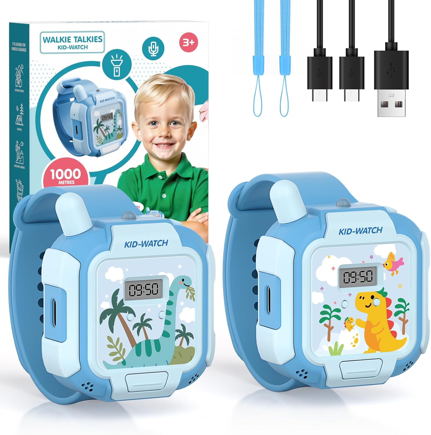 Rechargeable Walkie Talkies for Kids, Hands-Free Walkie Talkie Watch Toys for Boys Girls Age 3-12 with 3274FT Range, Wearable Wrist & Lanyard, Outdoor Toys for Camping, Hiking, Birthday Gifts (Blue)