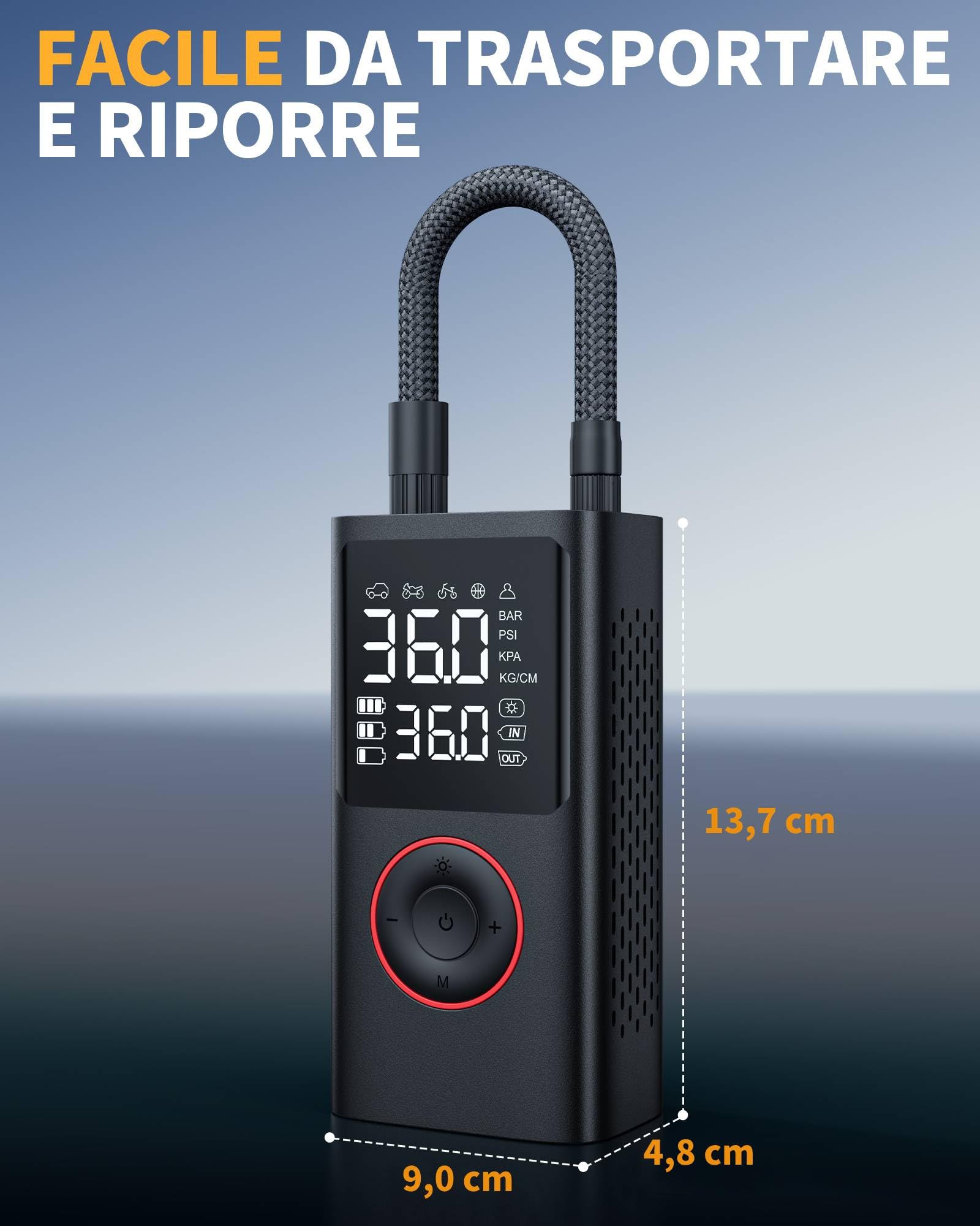 Powools Compressore Aria Portatile Auto – Mini Pompa Elettrica per Bicicletta, Gonfiatore Wireless con Manometro Digitale, Spegnimento Automatico e Luce LED, Nero, 9.00x4.80x13.70cm