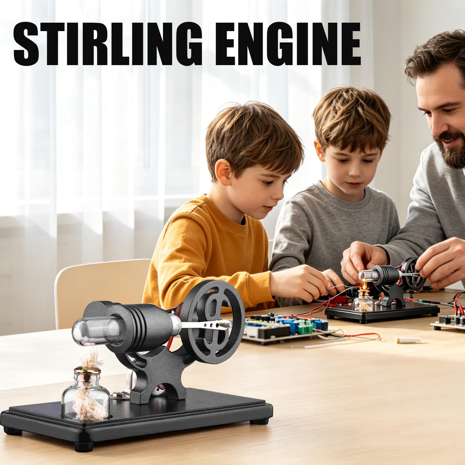 Stirling Engine - Base de madera de metal negro lista para usar con luz LED