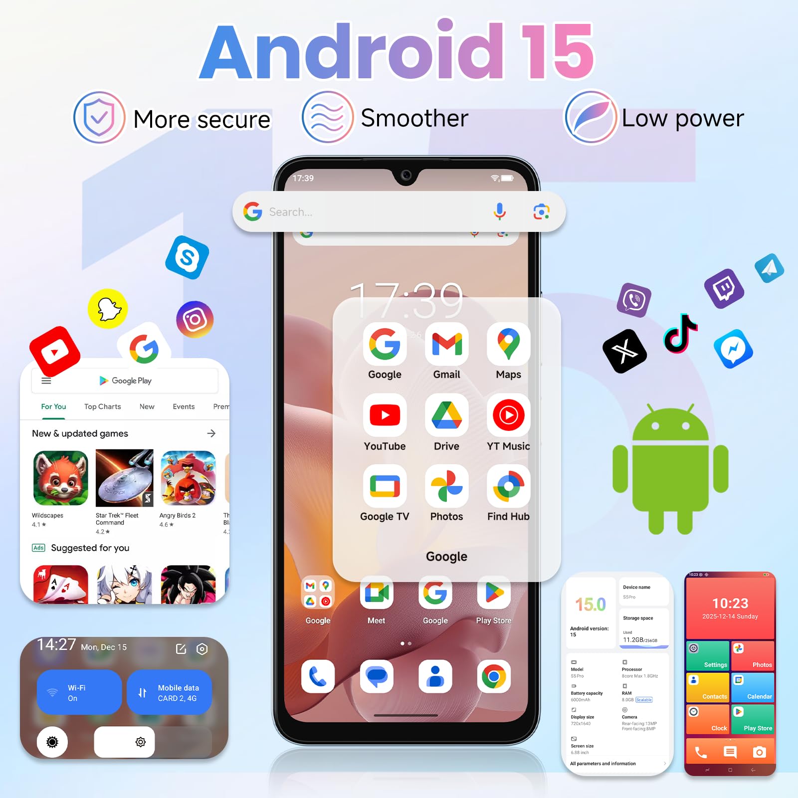 FOSSiBOT S5-120Hz+6.88" Écran Telephone Portable, 6000mAh Telephone Android 15, 16Go+128Go/TF 1To Smartphone Pas Cher, Gemini AI, Dual SIM 4G/8.5mm/215g téléphone Pas Cher | 6000mAh