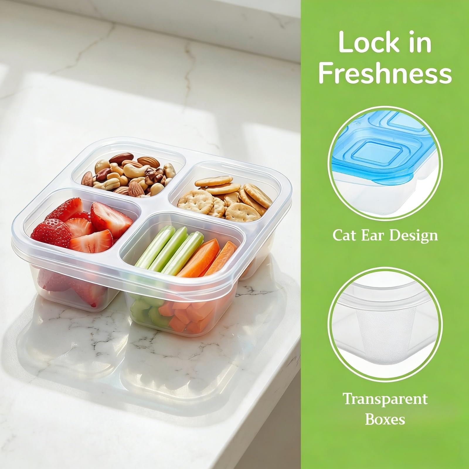 AVLA Paquete de 10 cajas Bento para aperitivos, recipientes reutilizables para preparación de comidas, 4 compartimentos para llevar, contenedores apilables divididos de almacenamiento de alimentos