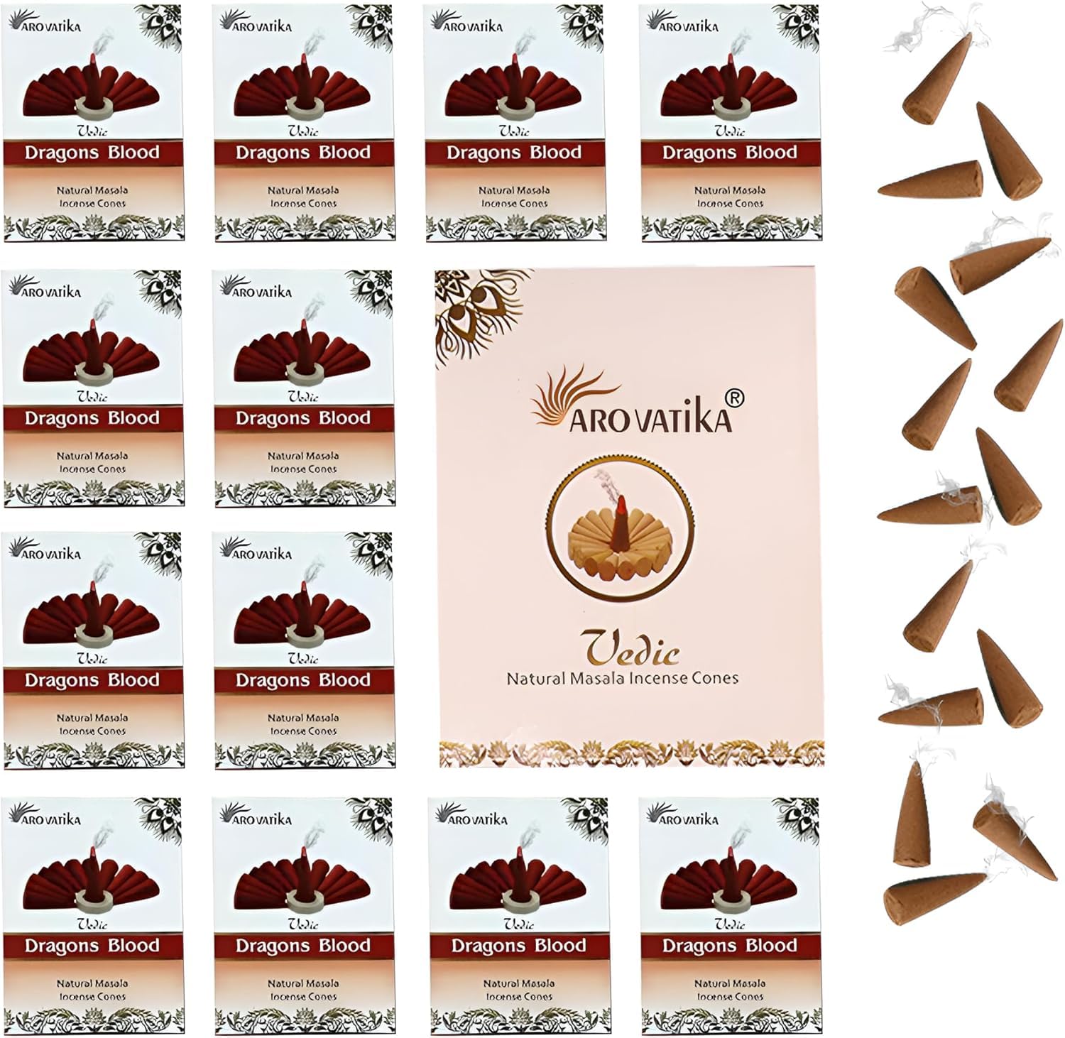 ARO VATIKA Vedic Dragons Blood Natural Masala 120 Incense Cones in Pack of 12 Boxes |12 Assorted Fragrances Dhoop Cones | Best for Prayer, Reiki,