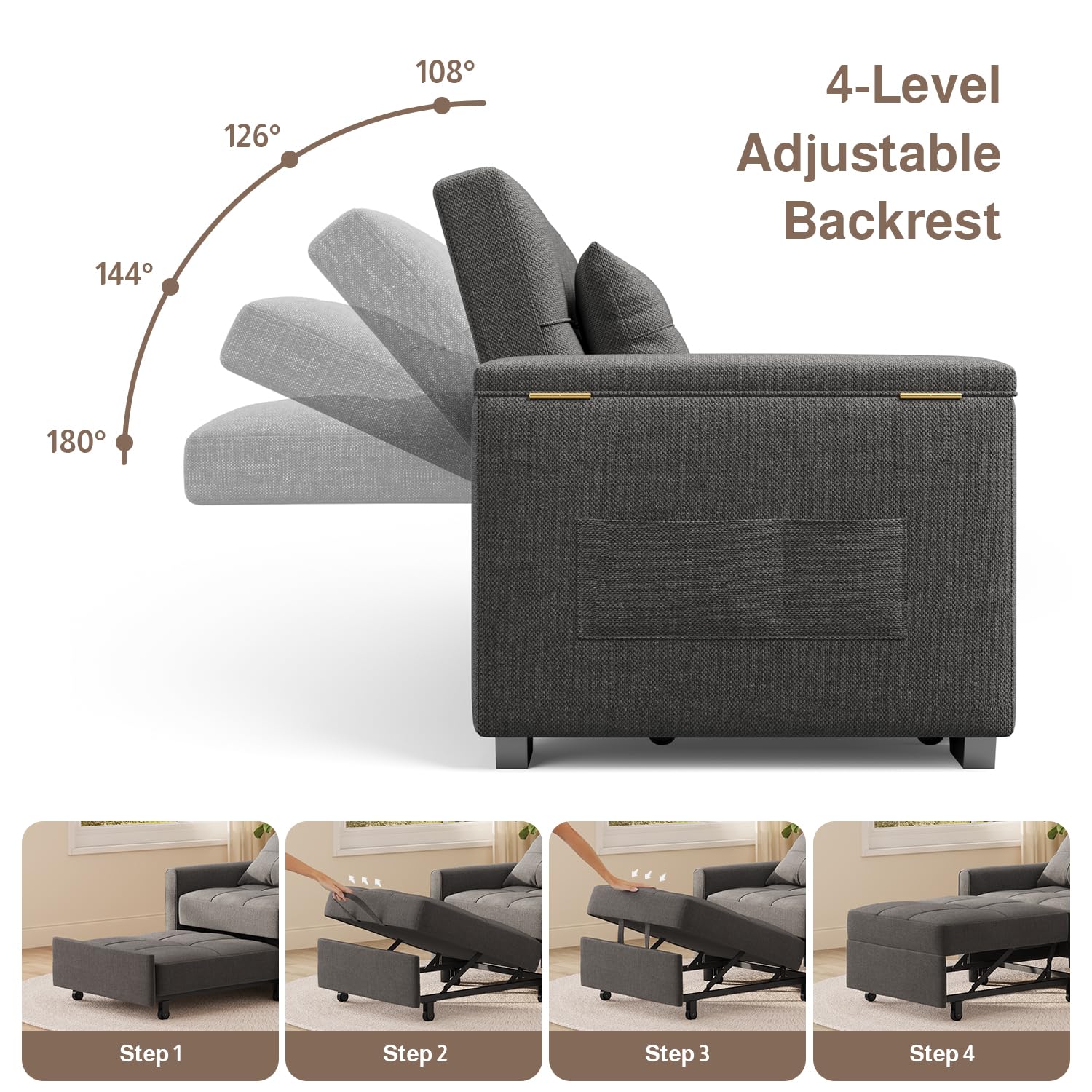 87" Convertible Sofa Bed, Pull Out Couch for Small Spaces, Dark Gray | Space-Saving Sleeper, Pull-Out Design, Adjustable Backrest, Wide Armrests with Storage, Plush Cushions for Small Spaces