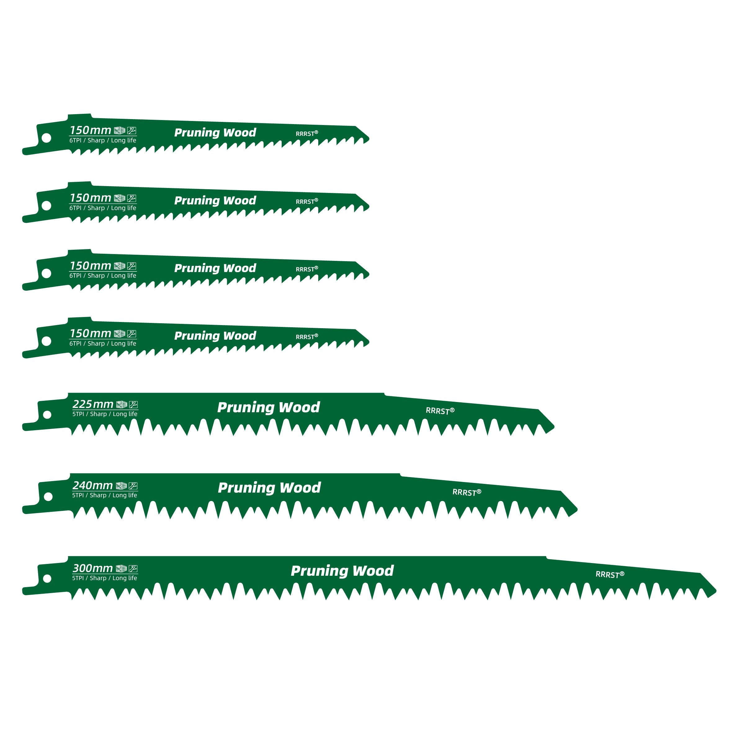 RRRST Säbelsägeblätter Set 7tlg für Holz, 4 Verschiedene Längen 150mm/225mm/240mm/300mm, Säbelsägeblatt für Baumschnitt Brennholz, Nassholz, Grobholz, Weichholz, Einfach & Langlebig