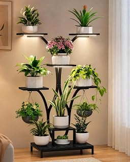 Indoor Plant Stand with Grow Lights, 59" Tall Corner Plant Stand for Multiple Plants, 7 Tiered Plant Shelf, Metal and Wood Plant Rack for Living Room, Bedroom, Home Decor, Black
