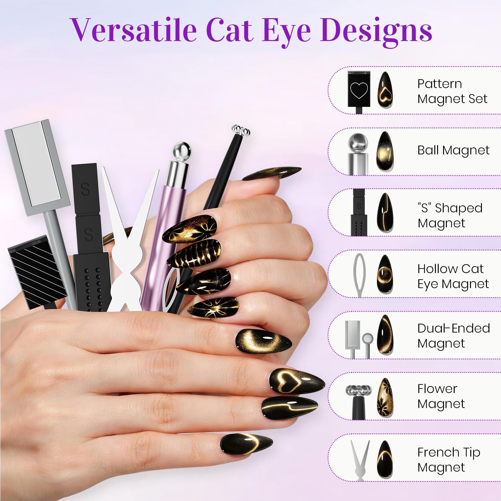 Katzenaugen-Magnet-Nagelkunst-Werkzeuge, vielseitiges magnetisches Design-Set, ideal für Katzenaugen, 3D-Nagelkunst und DIY-Glas-Katzenaugen-Effekte, einfach zu verwenden für Anfänger und Profis