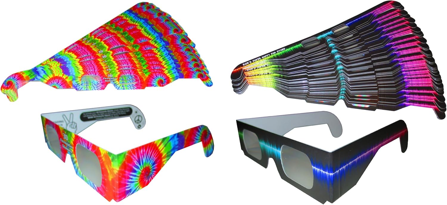 Rob's Super Happy Fun Store Fireworks Glasses - Trippy Tie Dye and Rave Waves Frame Designs - 100 Paper Glasses Total - See Rainbow Bursts of Color From Prismatic Diffraction Lenses