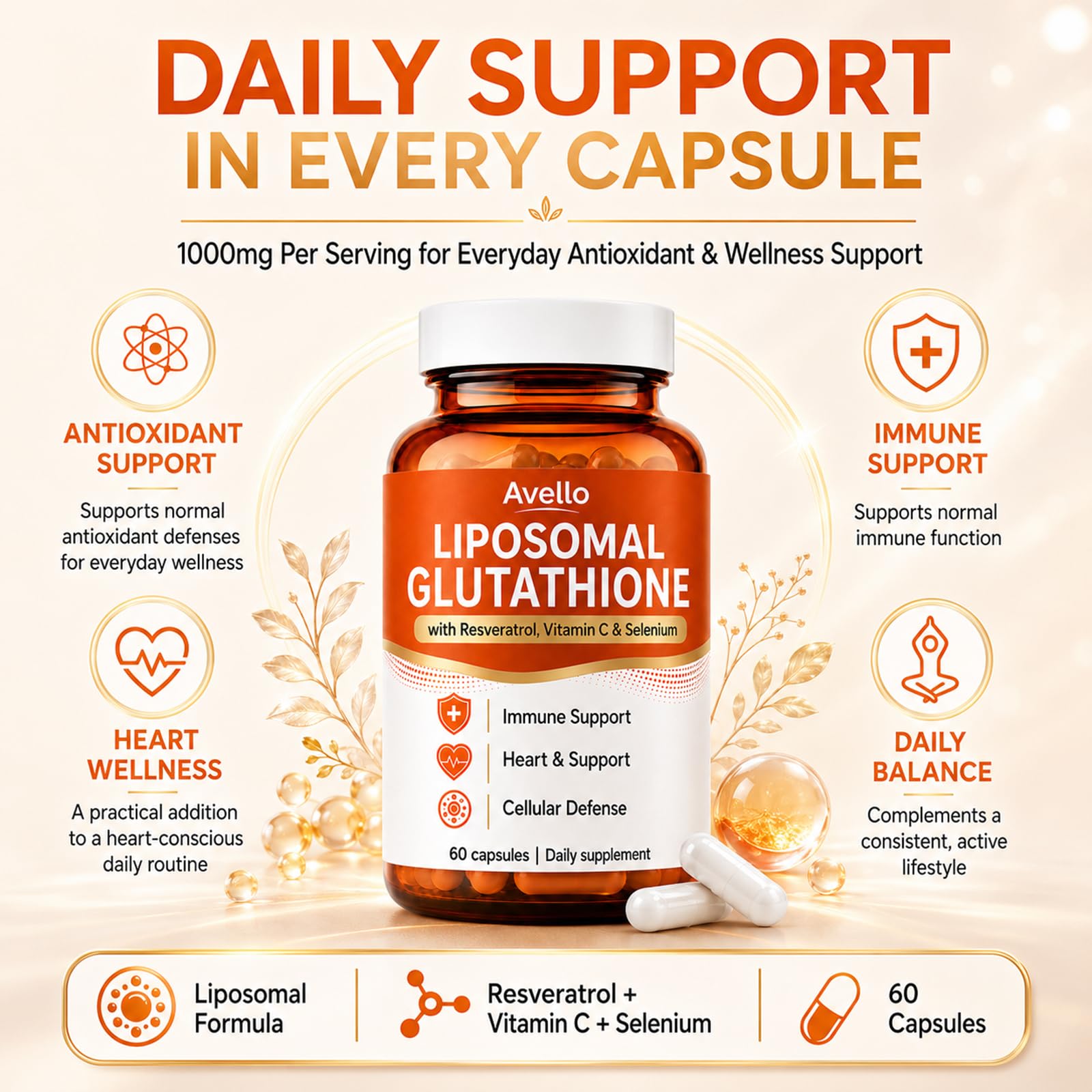 Avello Liposomal Glutathione, Glutathione Supplement with Resveratrol, Vitamin C & Selenium, 1000mg Per Serving, Immune & Detox Support, Heart Support, Non-GMO, Gluten-Free, 60 Capsules — Amazon image 3