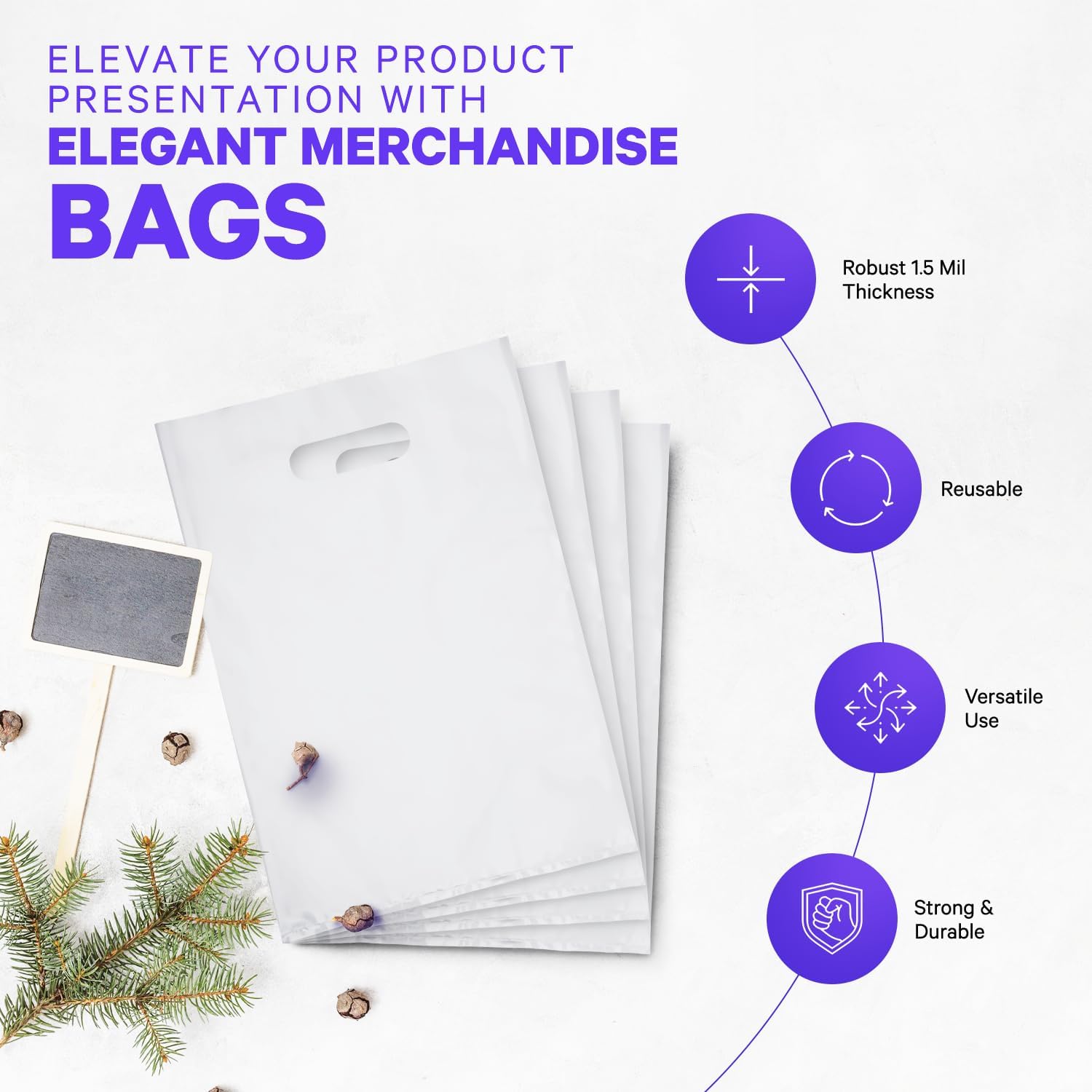 ダイカットハンドル付きプラスチックショッピングバッグ 16インチ x 18インチ シルバー (500個パック) プラスチック商品バッ