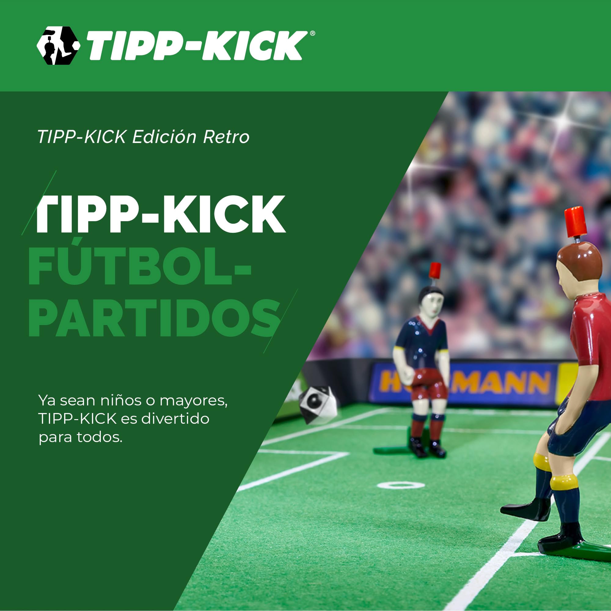 TIPP-KICK Retro 80x47 cm – Futbolín Listo para Jugar con 2X Jugadores, 2X guardametas, 2X porterías, 2X Pelotas I Terreno de Juego de Fieltro