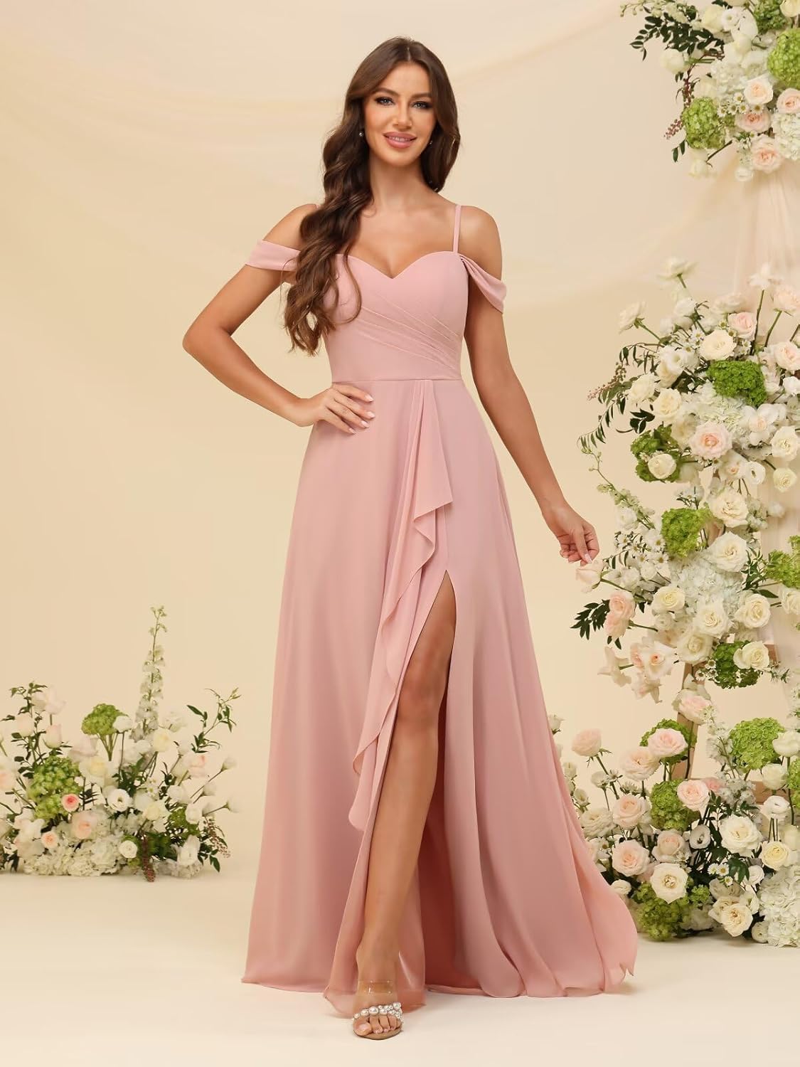 Women's Off The Shoulder Bridesmaid Dresses with Pockets Pleated Chiffon Formal Evening Dress with Slit - Image 4