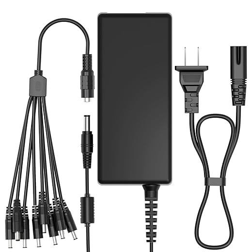 ABLEGRID Charger Compatible with Swann Lorex Q-See Security Camera 12V 5A 60W 2-Prong Plug AC to DC 2.5x5.5mm w/8-Way Power Splitter Cable Power Supply for CCTV Security Camera DVR, LED Strip Lights
