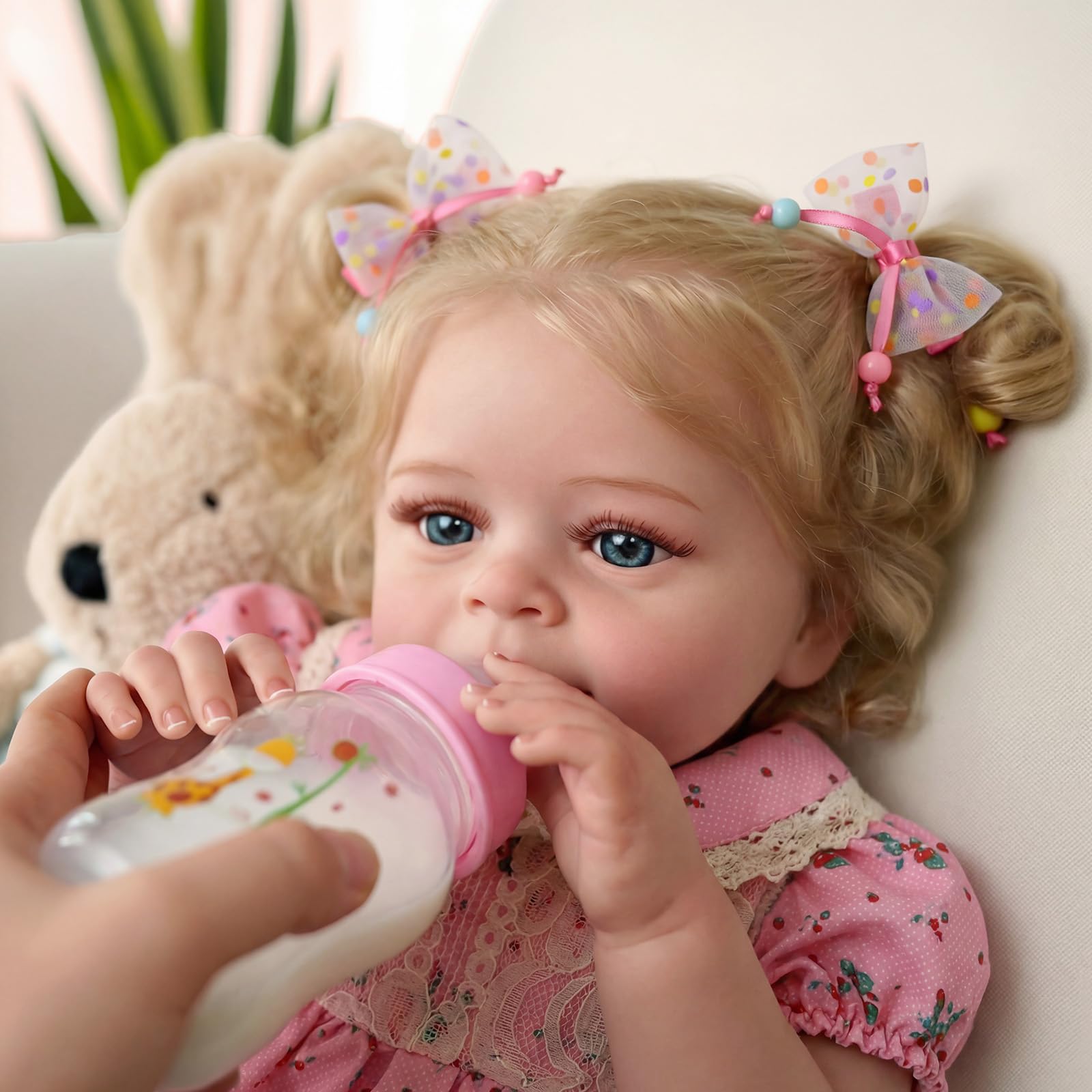 BABESIDE Realistische Babypuppen echte Reborn-Babypuppen 45cm Lebensechte Mädchen Weicher Stoffkörper mit Langen Blonden Haaren, mit Kleidungszubehör für Kinder ab 3 Jahren,Rosa