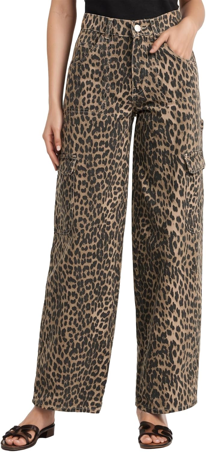 Kedera Womens Leopard Cargo Pants Straight Leg Cheetah Print Jeans Wide Leg Y2K Barrel Baggy Boyfriend Jeans with Pockets